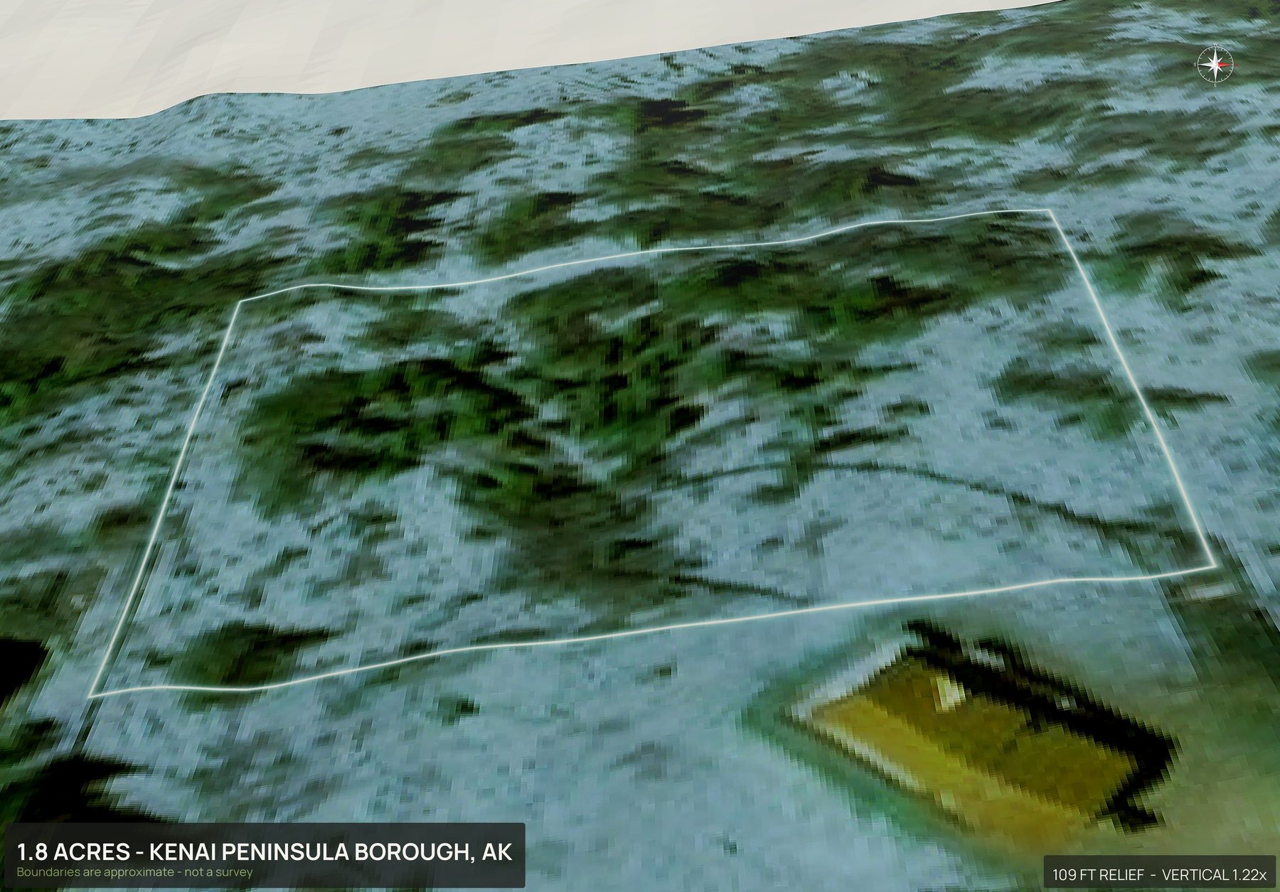 Aerial 3D view of a rural Alaska land parcel with the boundary outlined