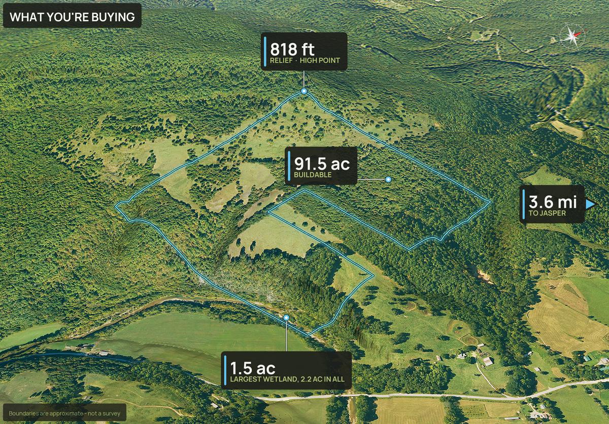 What You're Buying slide with callouts for an Arkansas land parcel