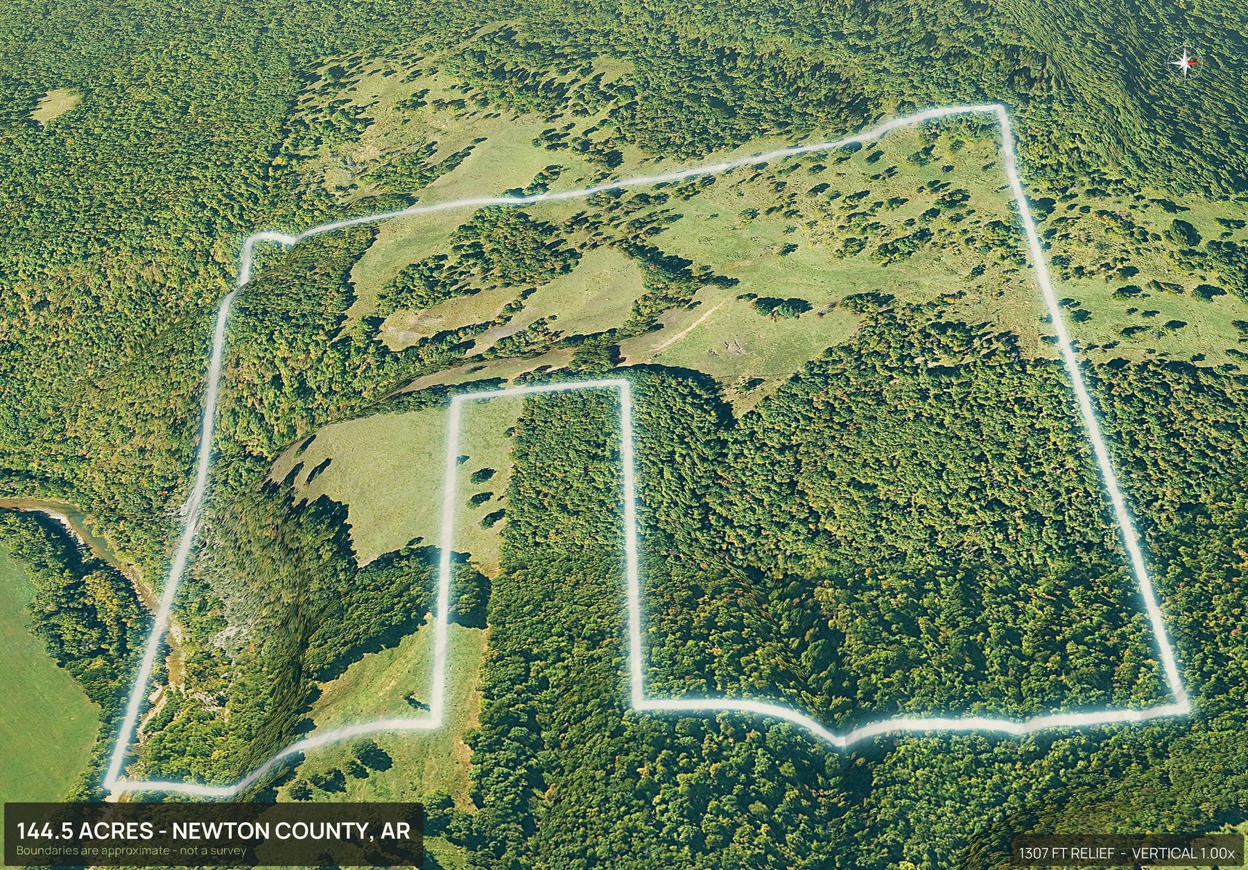 Aerial 3D view of a rural Arkansas land parcel with the boundary outlined