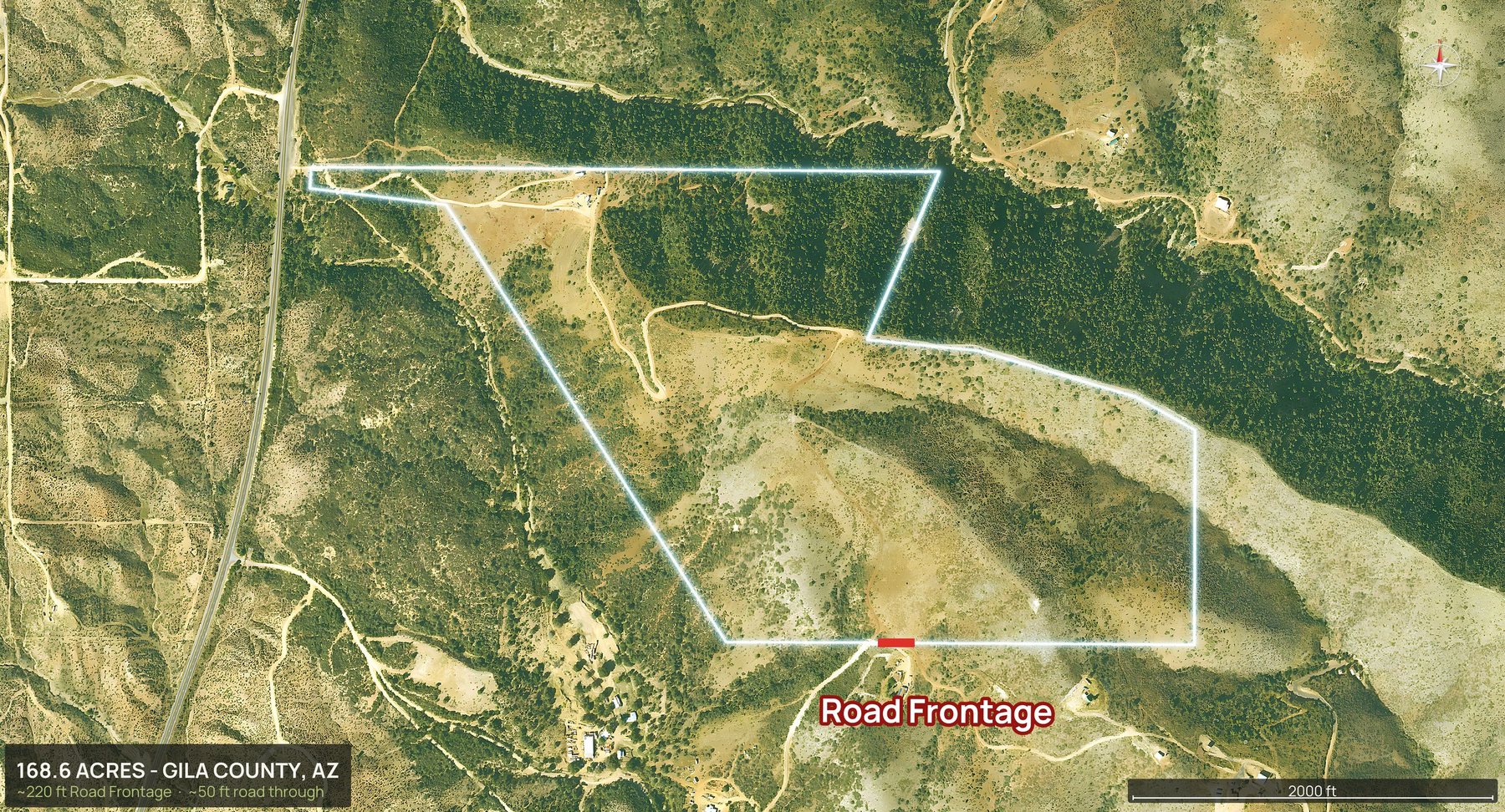Access view of an Arizona land parcel with the road frontage marked