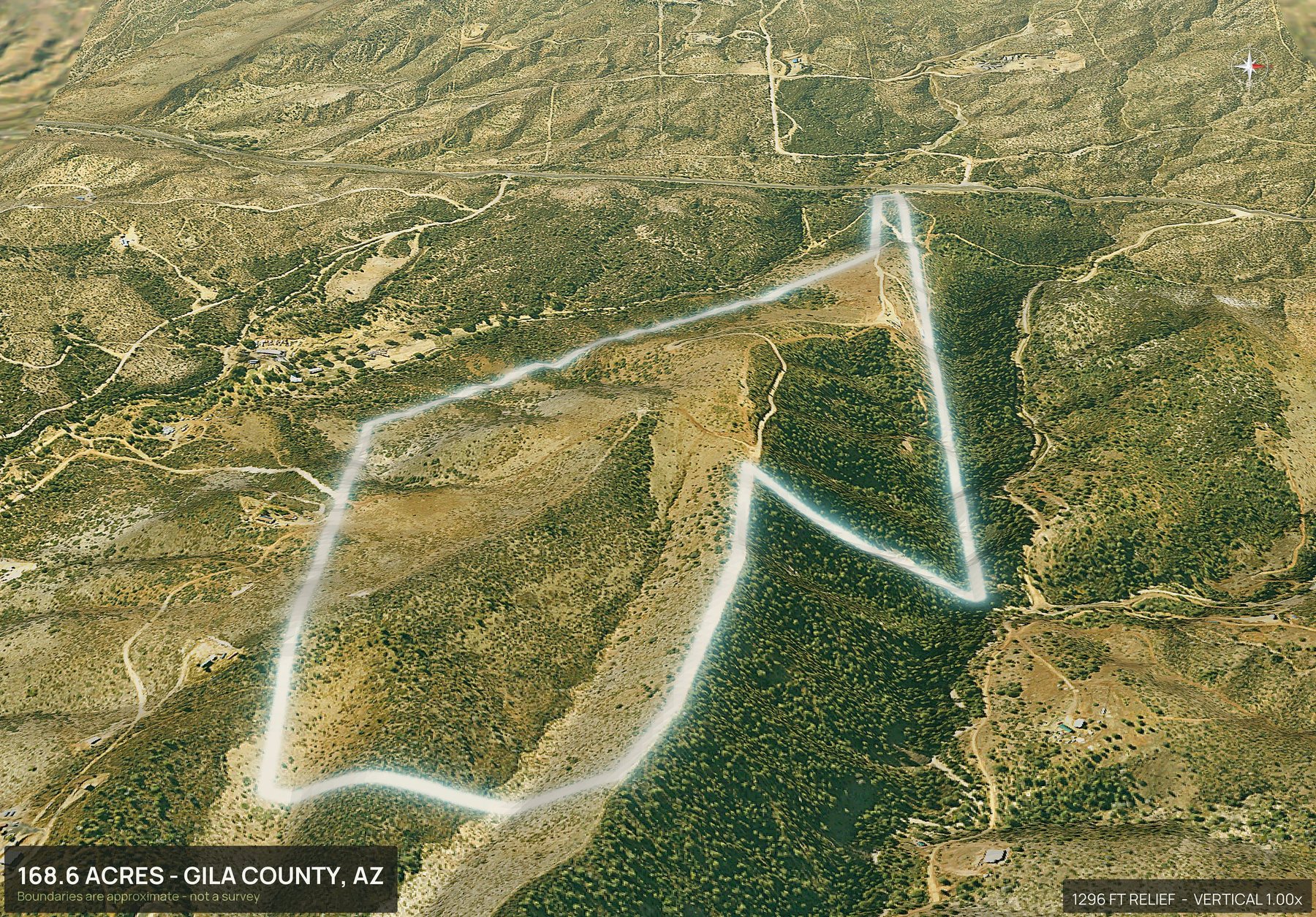 Aerial 3D view of a rural Arizona land parcel with the boundary outlined