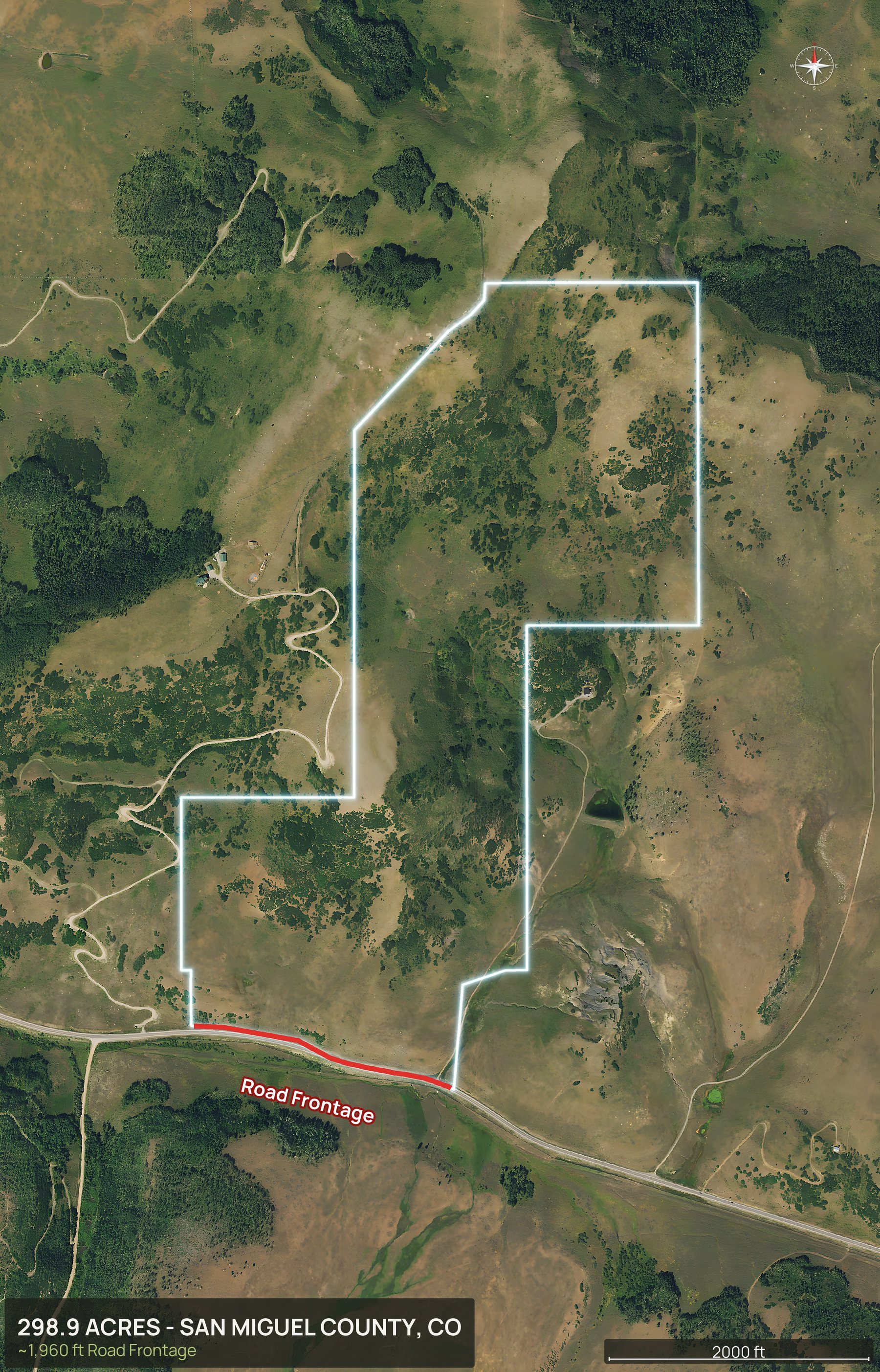 Access view of a Colorado land parcel with the road frontage marked
