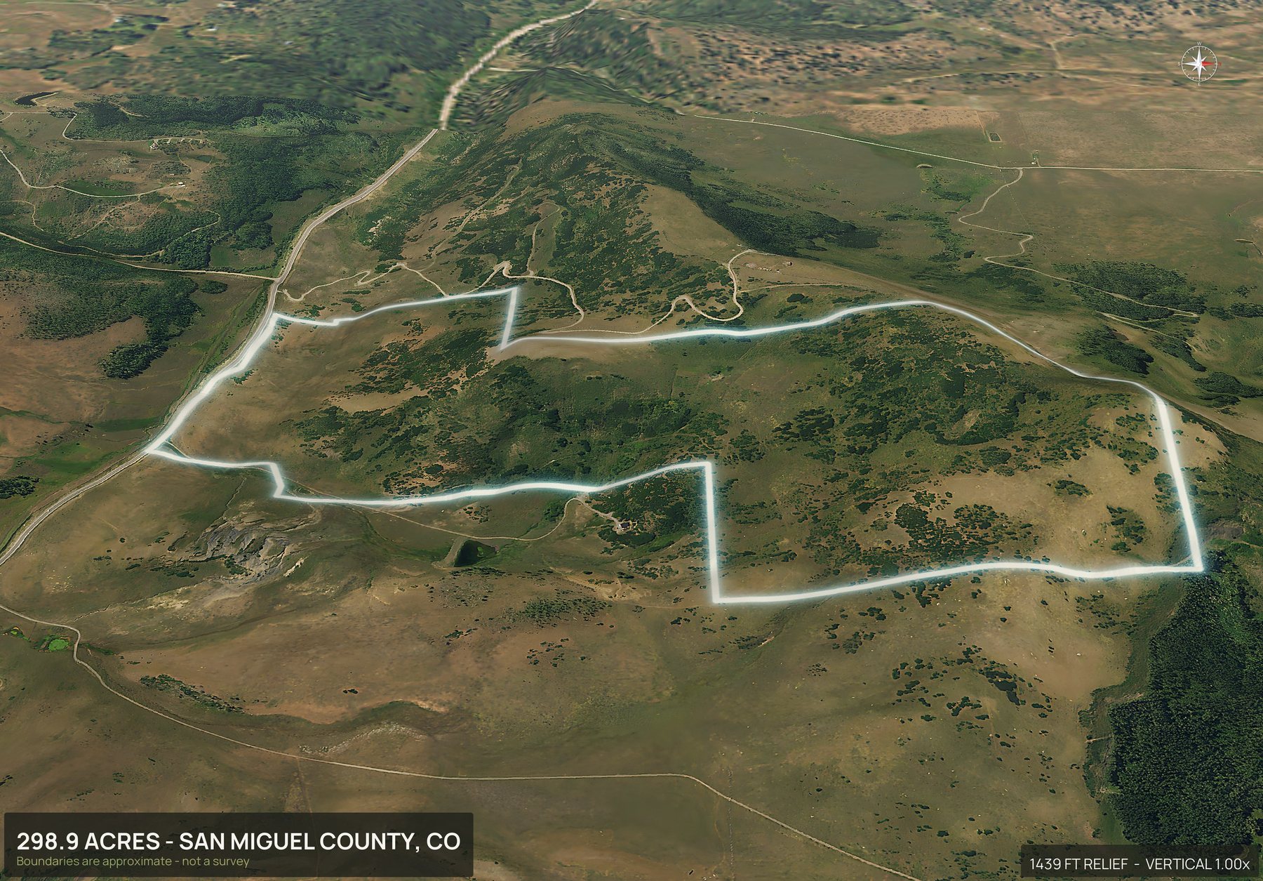 Aerial 3D view of a rural Colorado land parcel with the boundary outlined