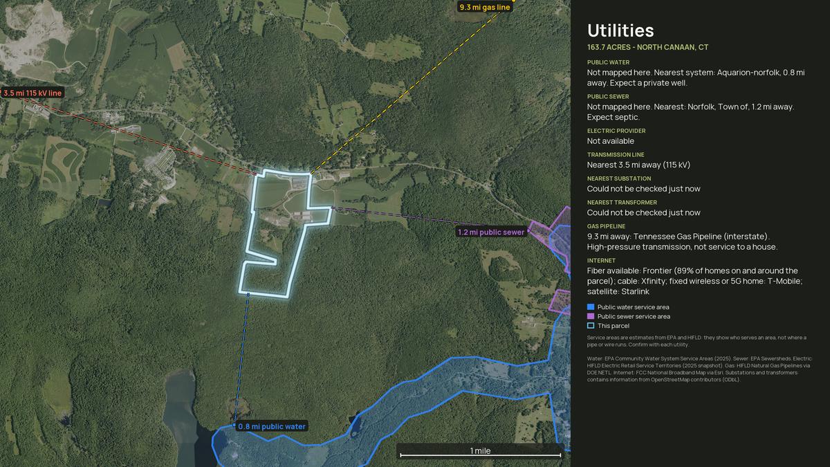 Utilities map for a Connecticut land parcel