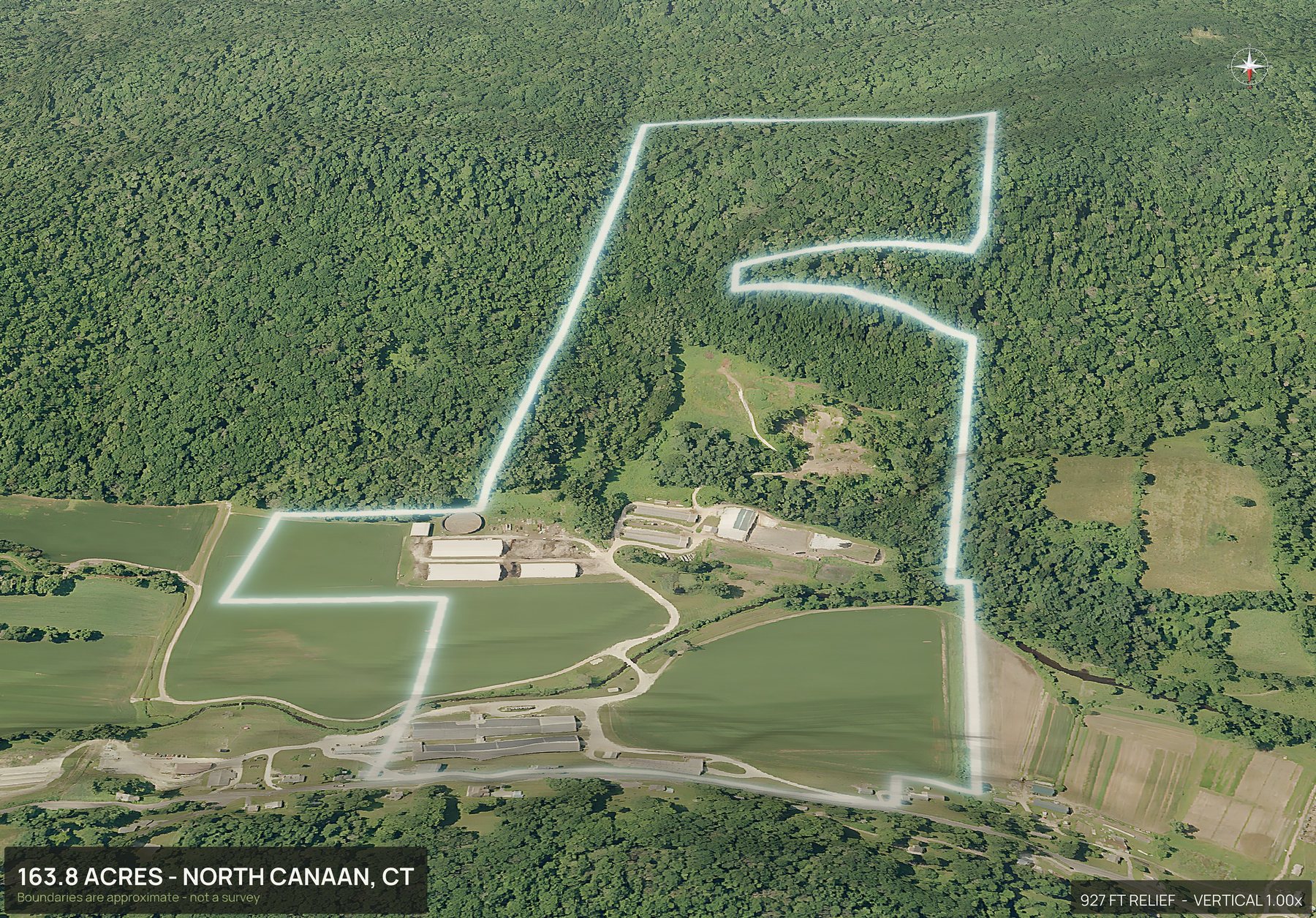 Aerial 3D view of a rural Connecticut land parcel with the boundary outlined