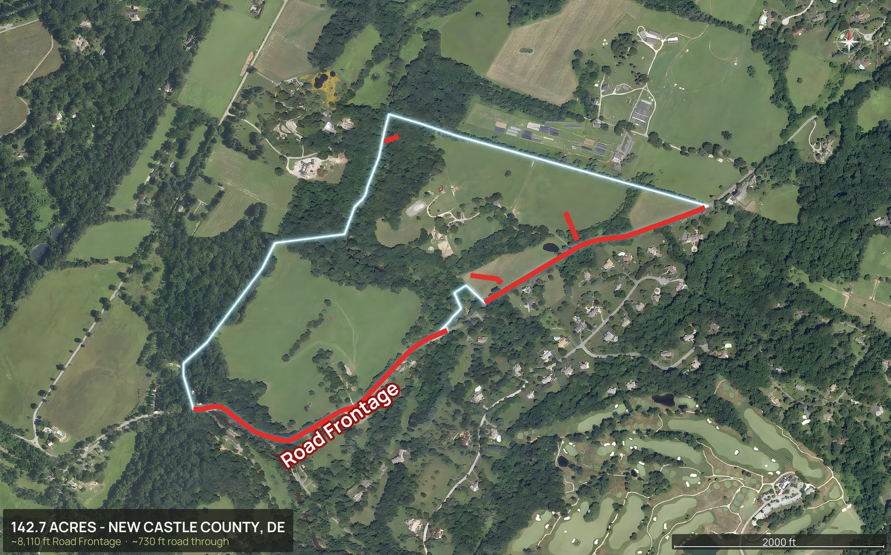 Access view of a Delaware land parcel with the road frontage marked