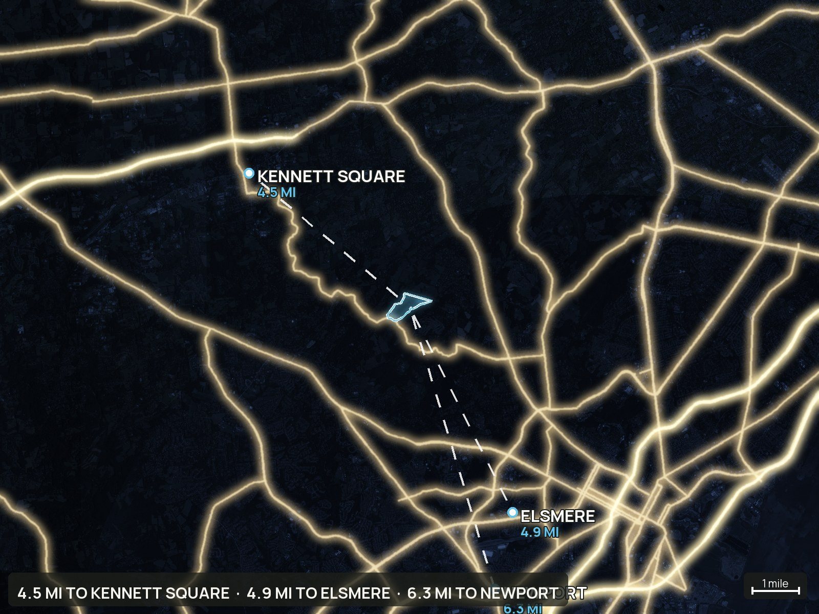 Roads at night of a Delaware land parcel