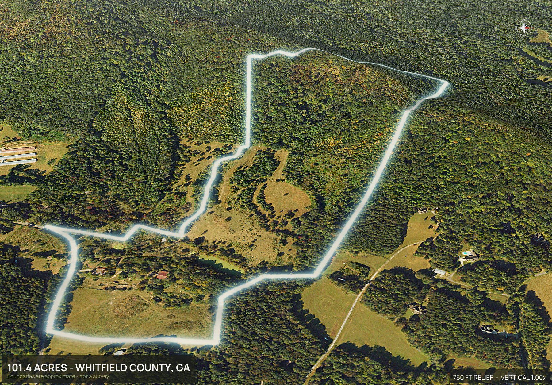 Aerial 3D view of a rural Georgia land parcel with the boundary outlined