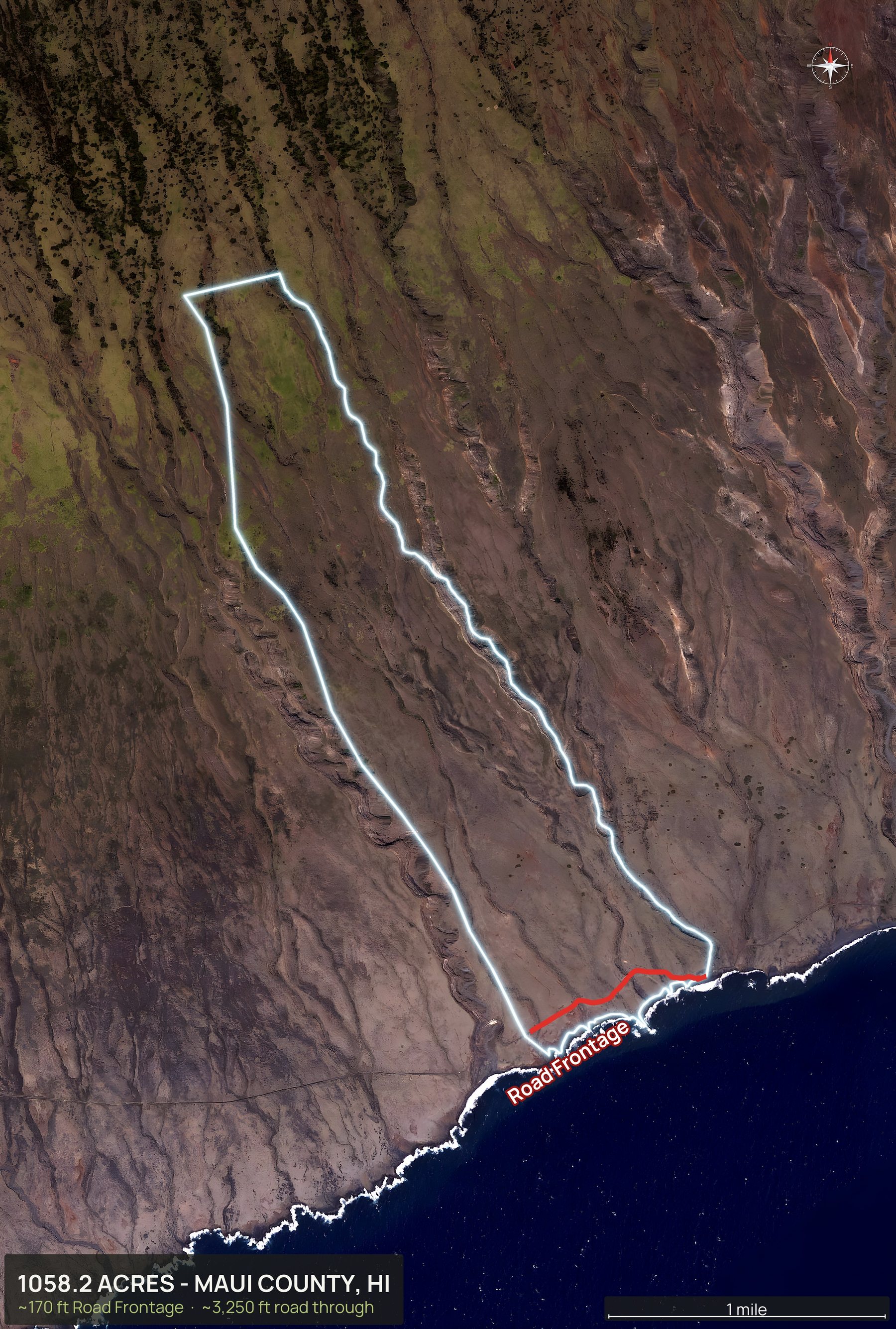 Access view of a Hawaii land parcel with the road frontage marked