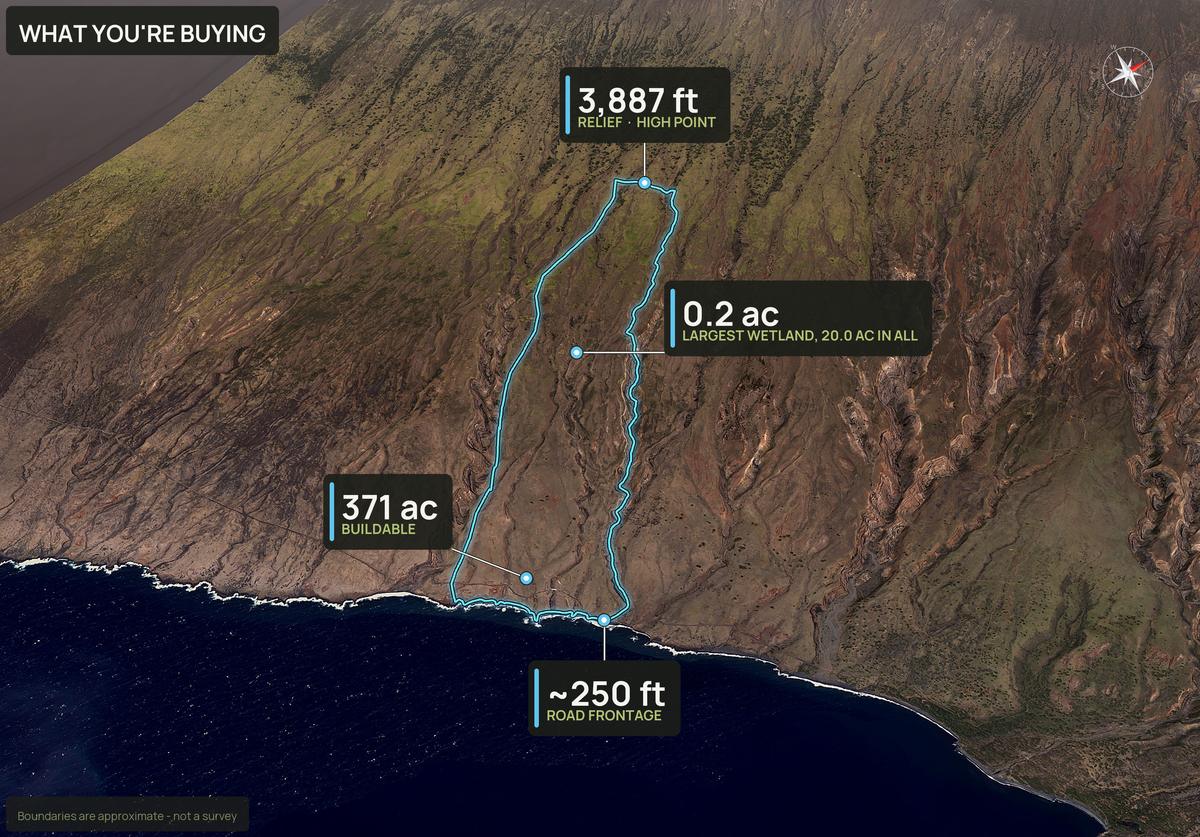 What You're Buying slide with callouts for a Hawaii land parcel