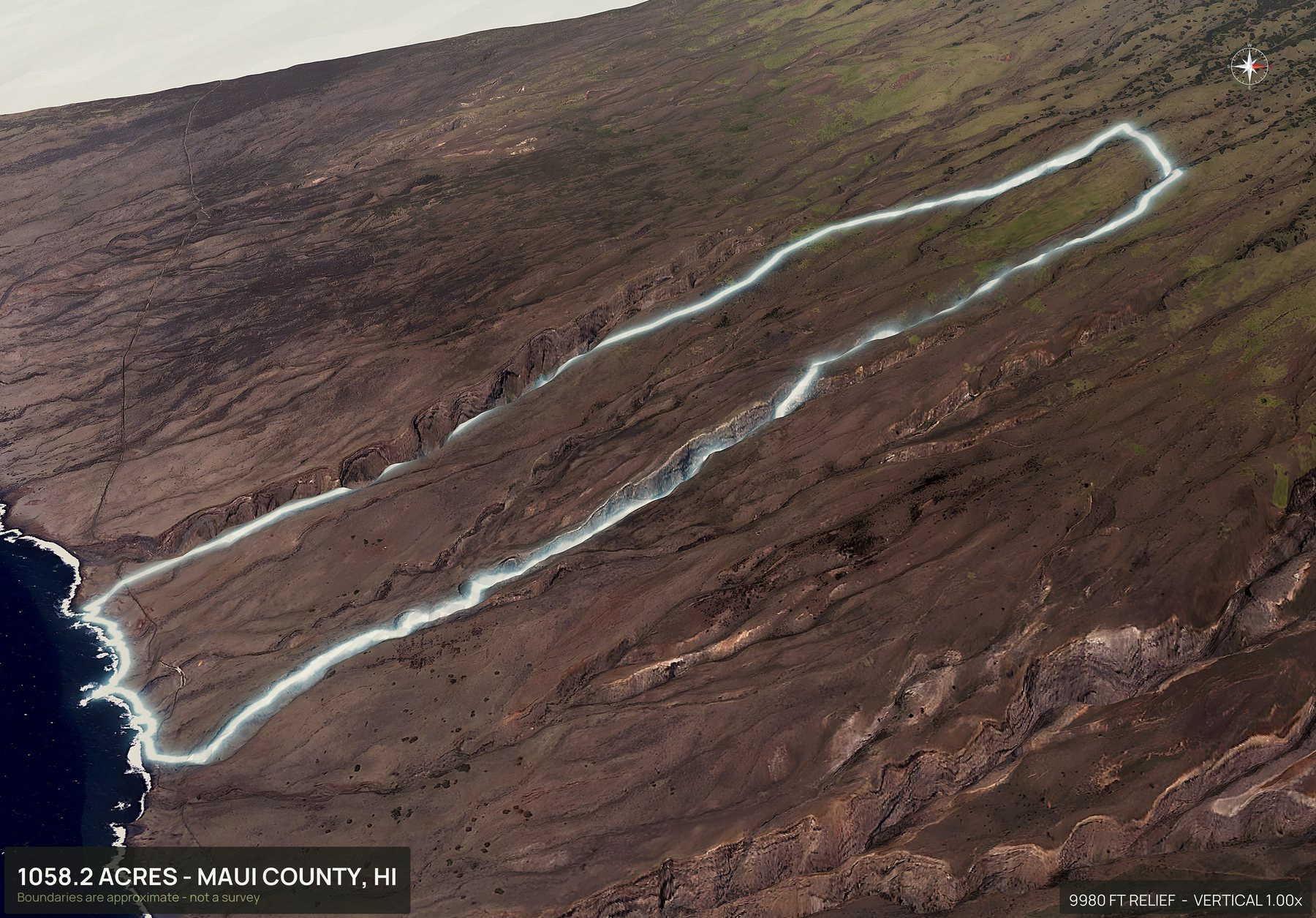 Aerial 3D view of a rural Hawaii land parcel with the boundary outlined