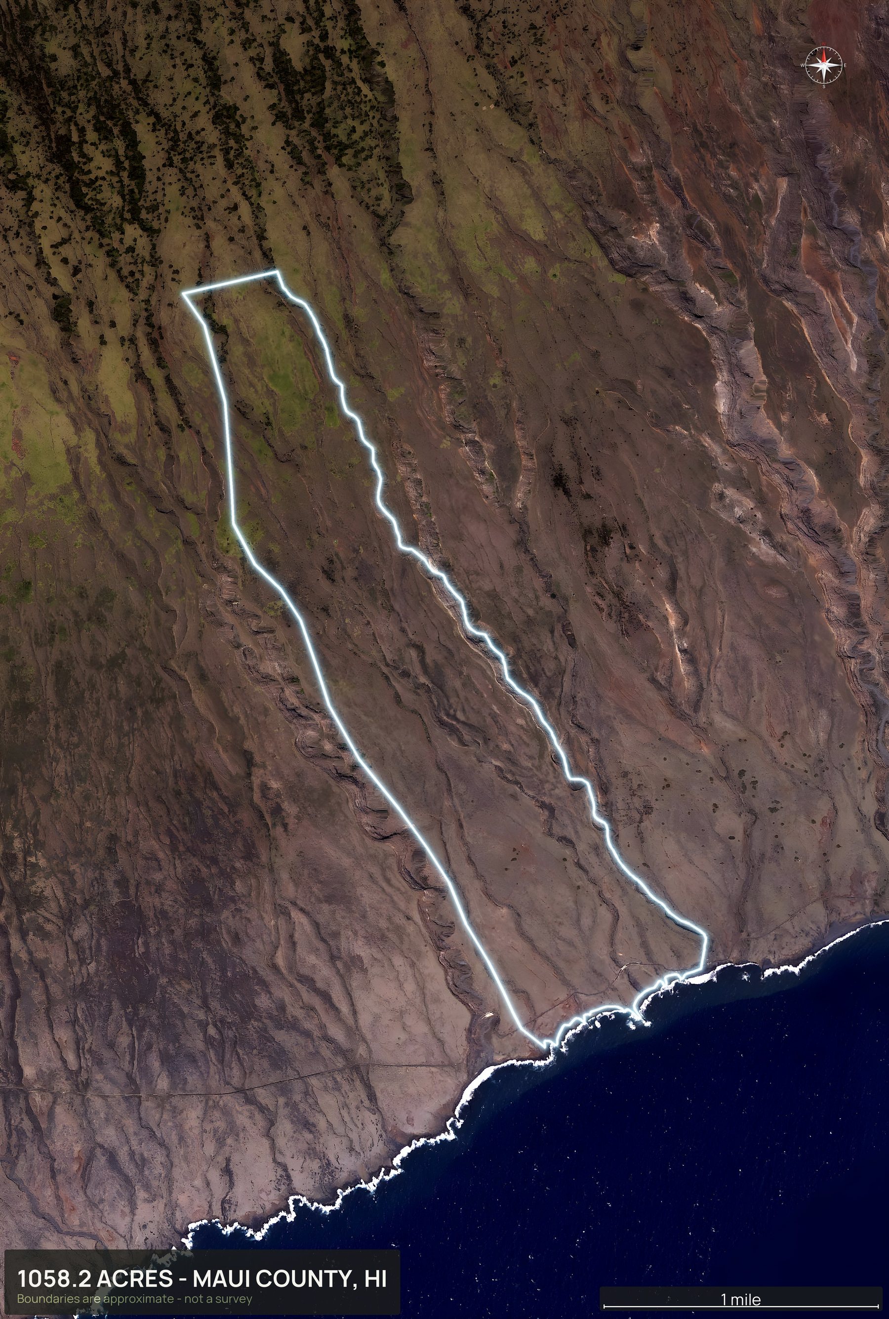 Outlined top down aerial photo of a Hawaii land parcel with the boundary drawn in green
