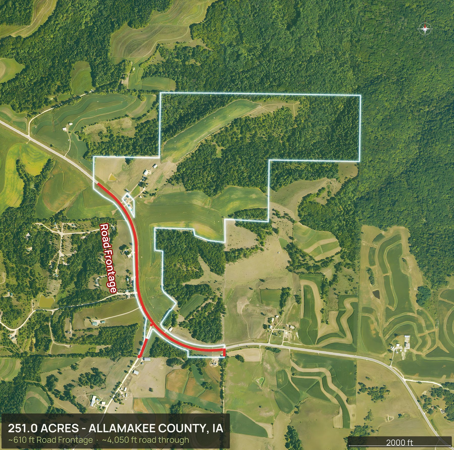 Access view of an Iowa land parcel with the road frontage marked