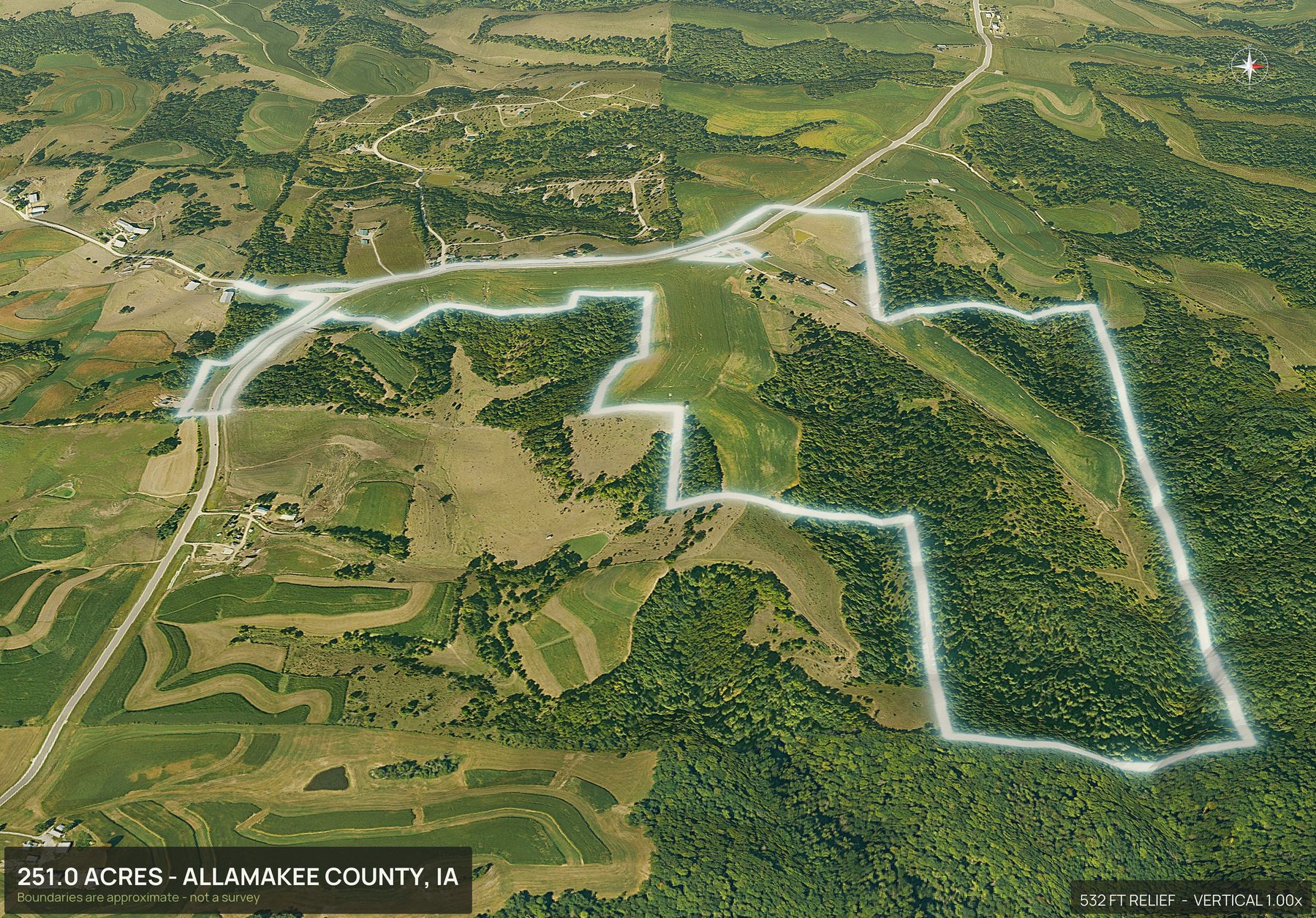 Aerial 3D view of a rural Iowa land parcel with the boundary outlined