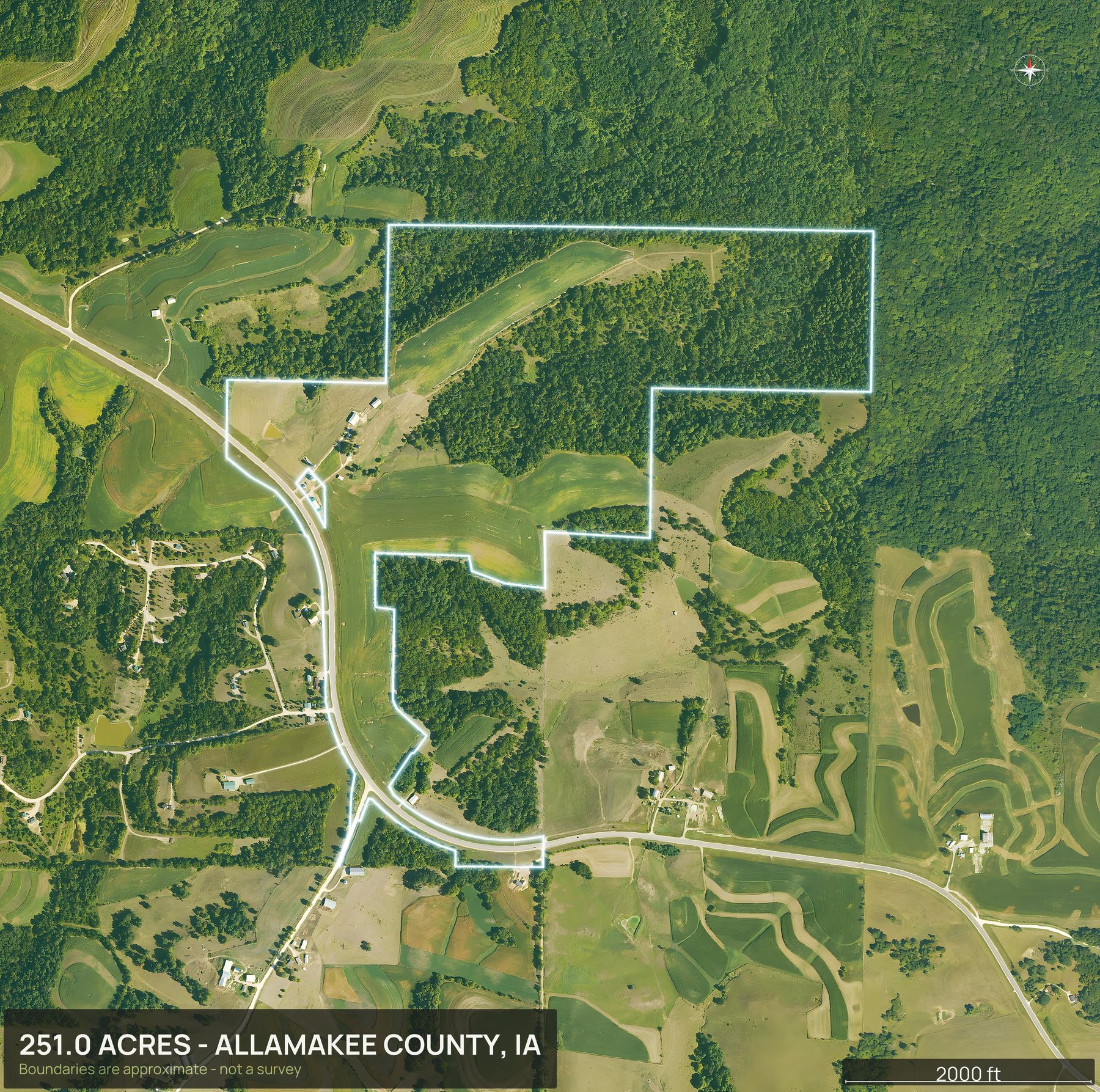 Outlined top down aerial photo of an Iowa land parcel with the boundary drawn in green