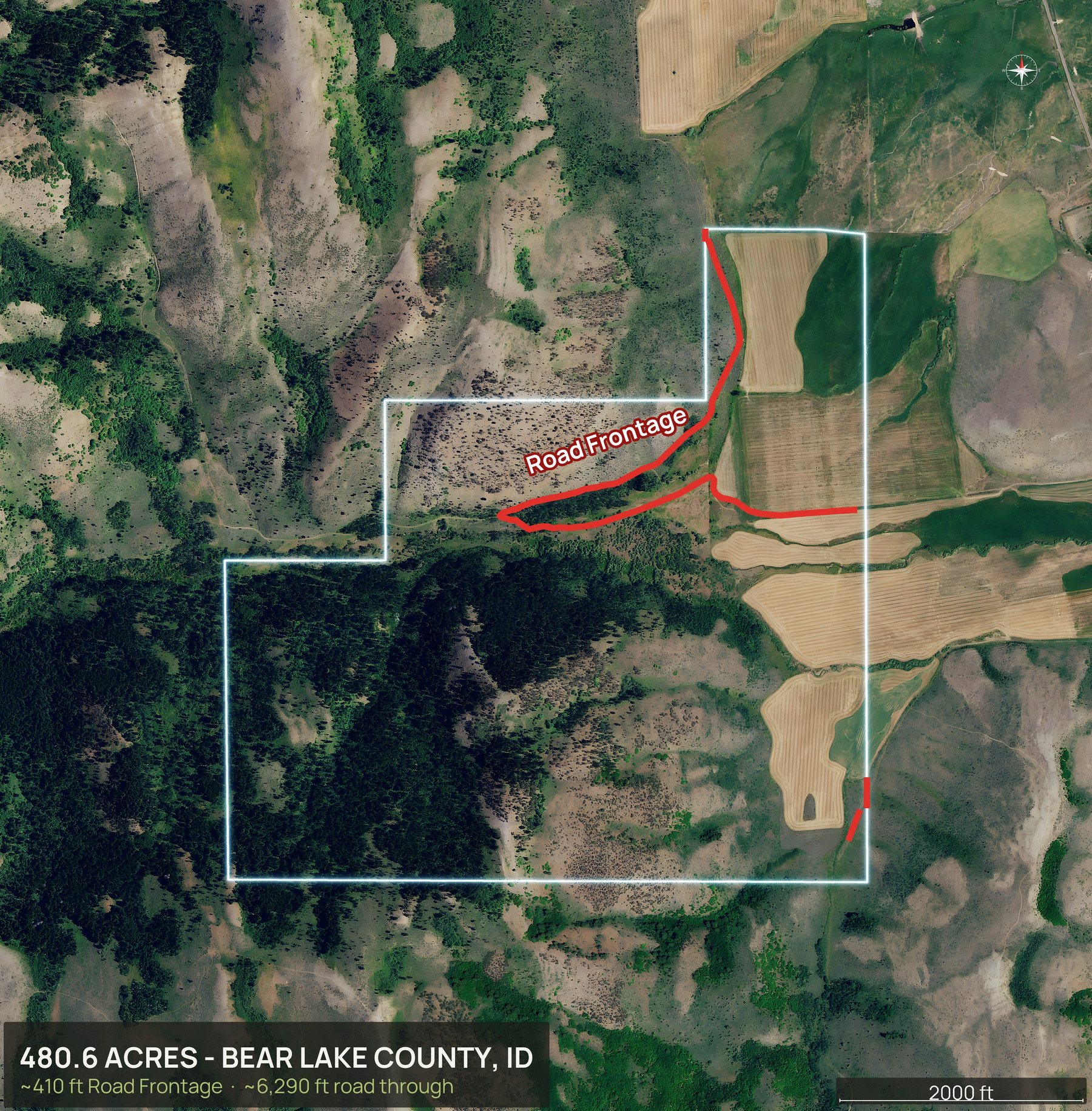 Access view of an Idaho land parcel with the road frontage marked