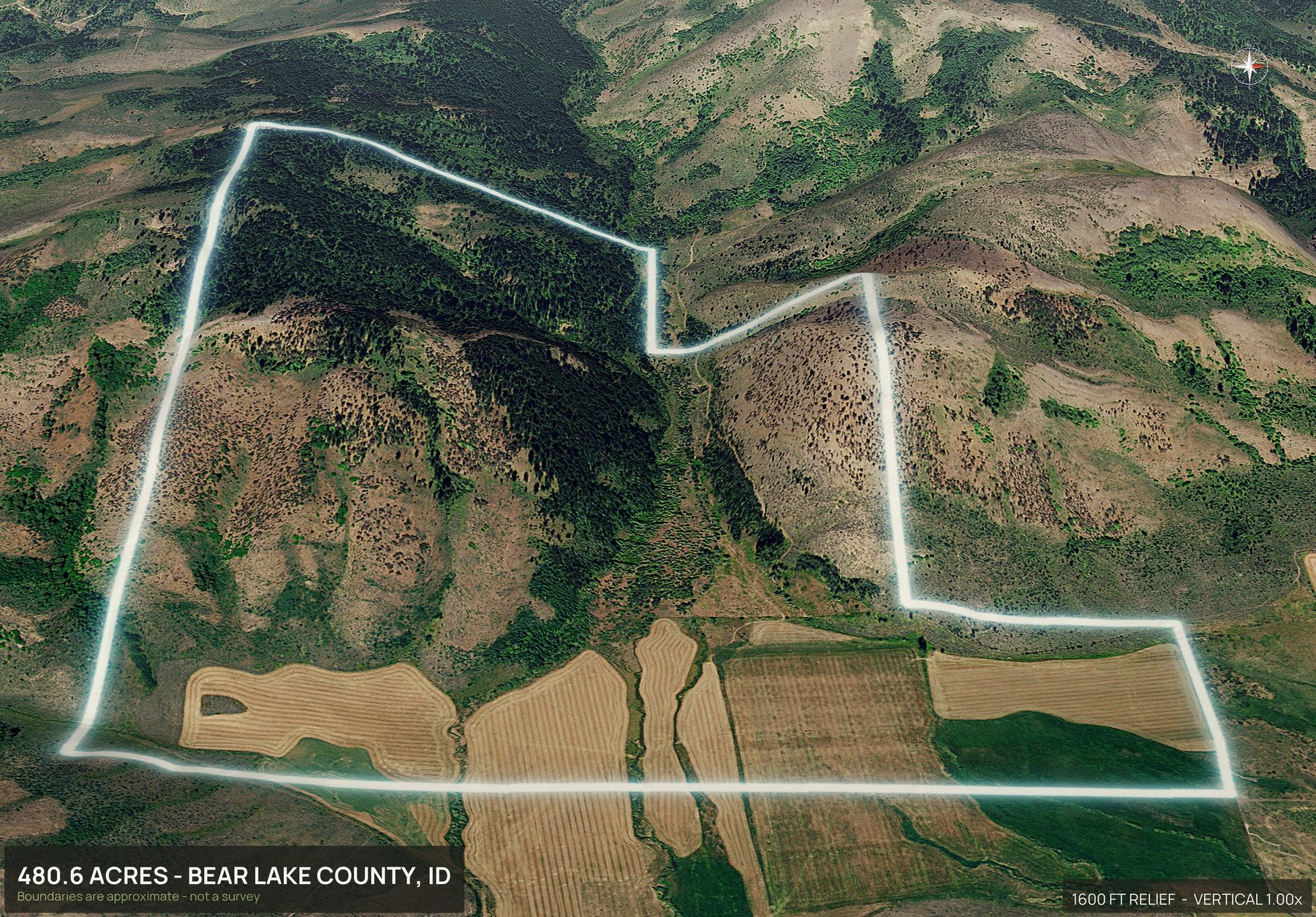 Aerial 3D view of a rural Idaho land parcel with the boundary outlined