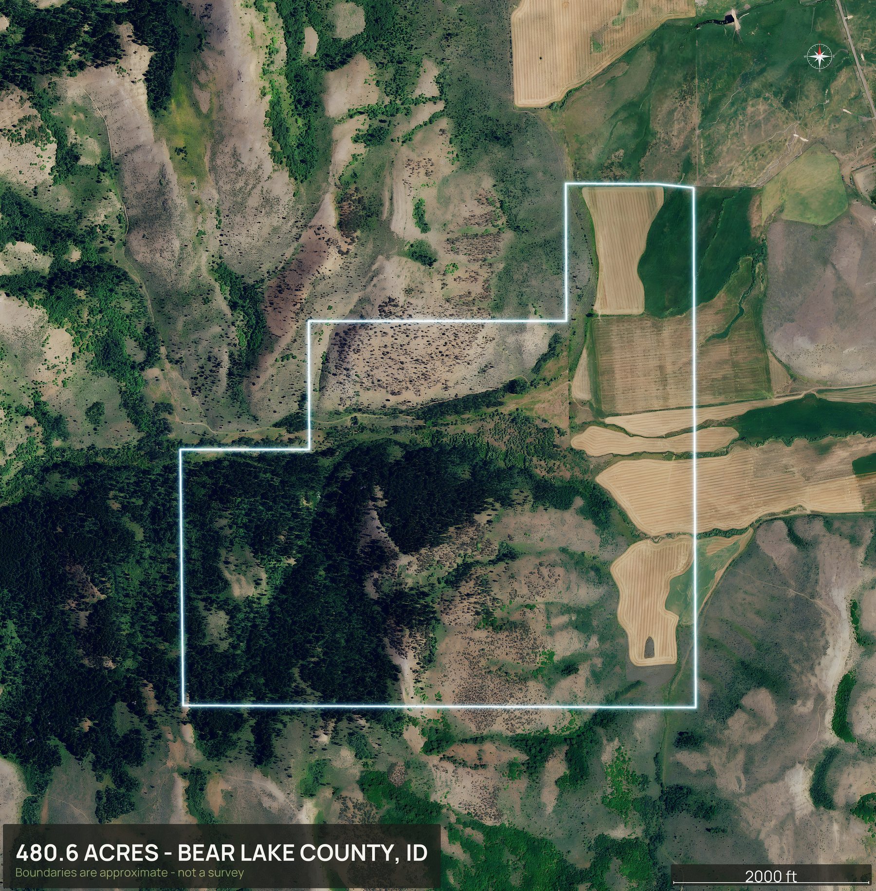 Outlined top down aerial photo of an Idaho land parcel with the boundary drawn in green