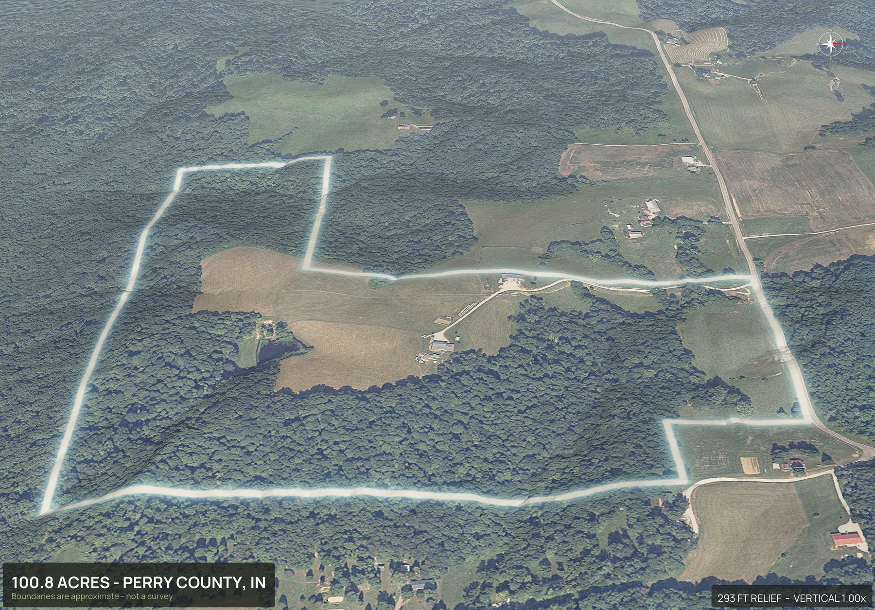Aerial 3D view of a rural Indiana land parcel with the boundary outlined