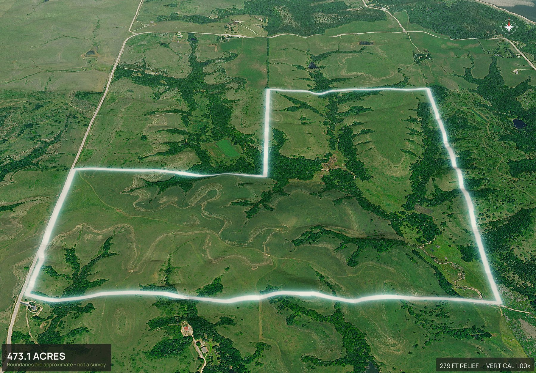 Aerial 3D view of a rural Kansas land parcel with the boundary outlined