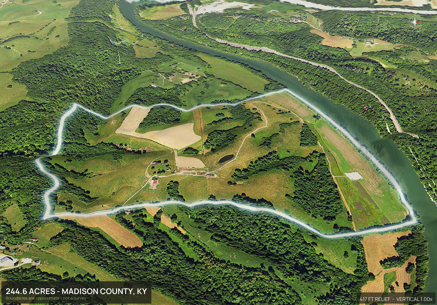 Aerial 3D view of a rural Kentucky land parcel with the boundary outlined