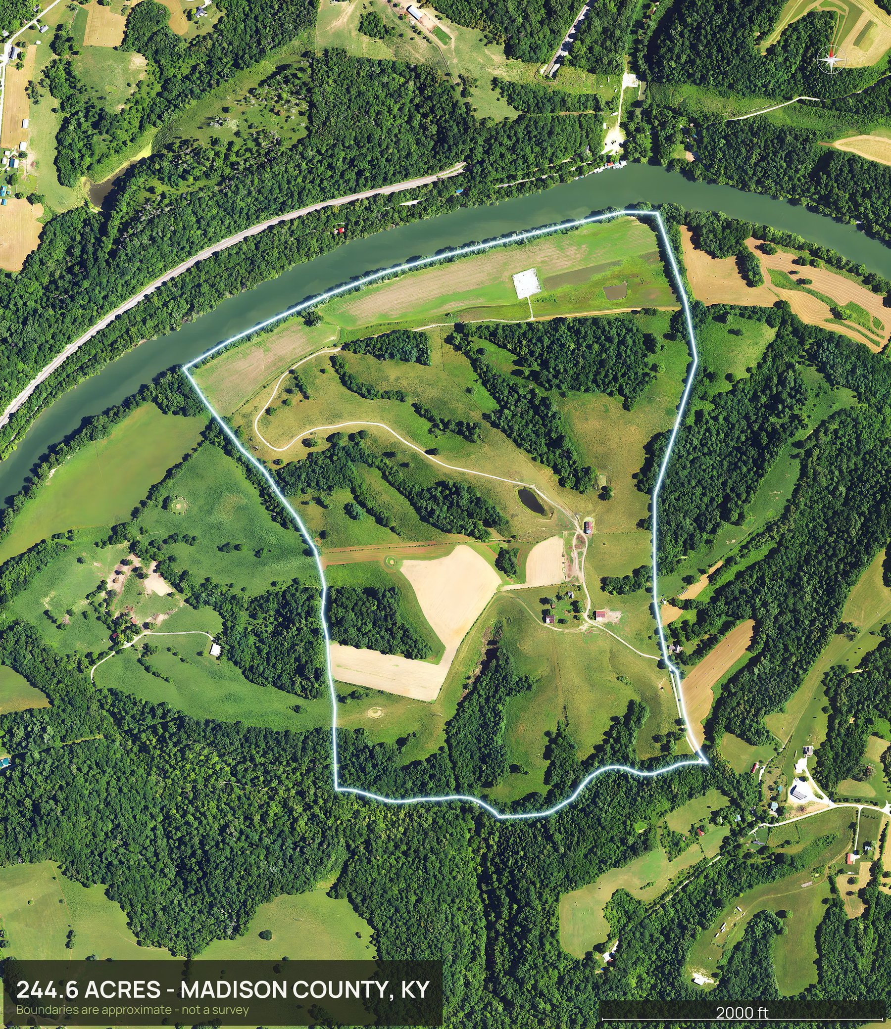 Outlined top down aerial photo of a Kentucky land parcel with the boundary drawn in green