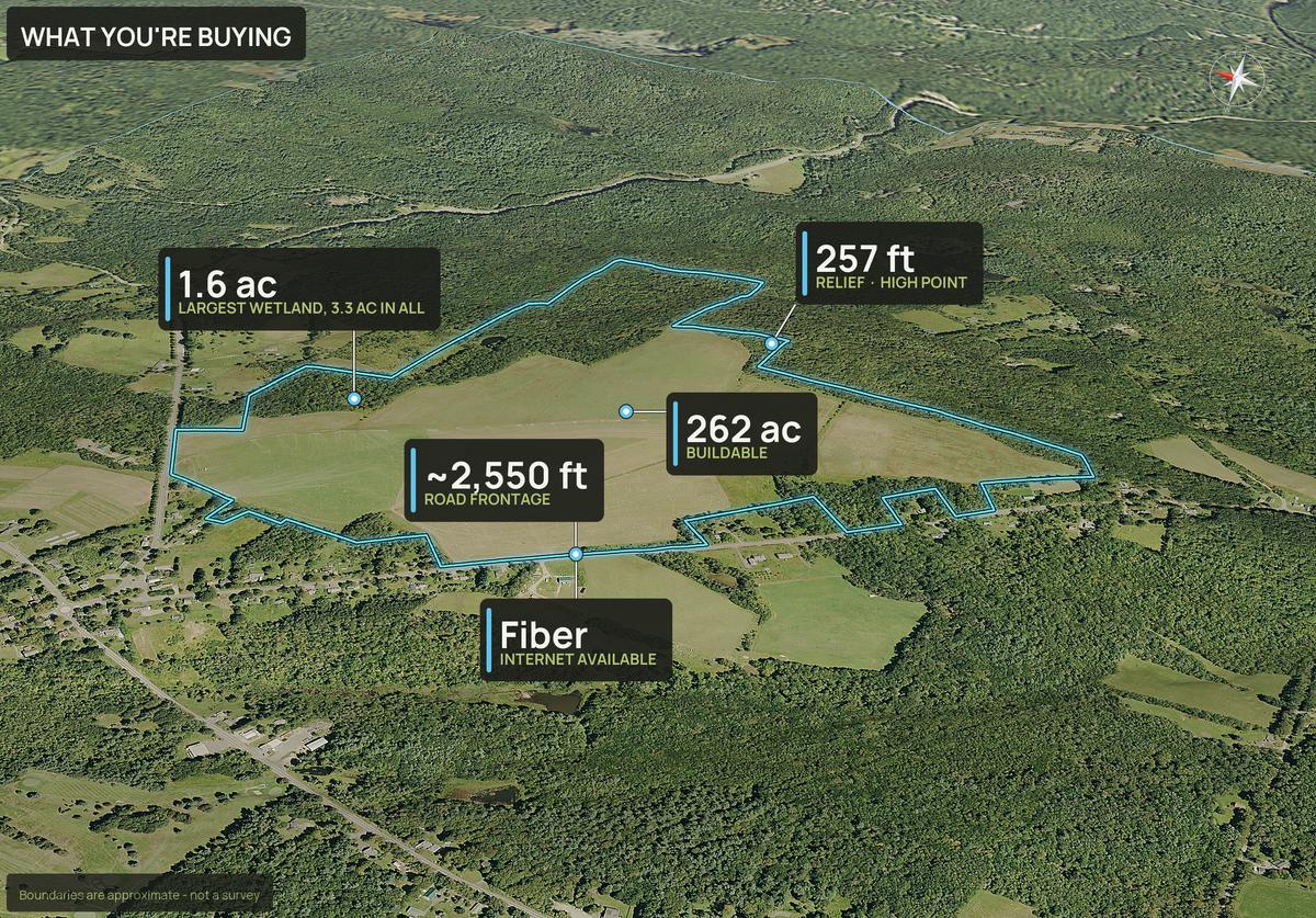 What You're Buying slide with callouts for a Massachusetts land parcel