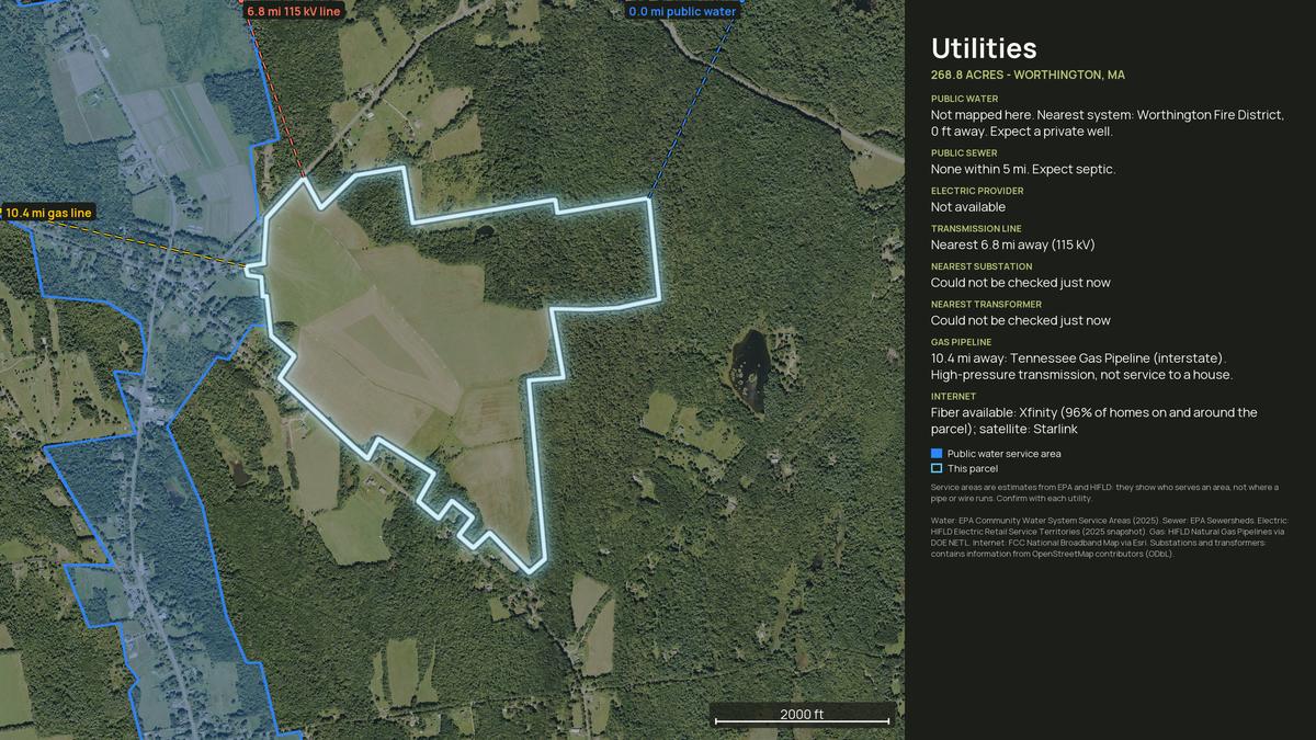 Utilities map for a Massachusetts land parcel