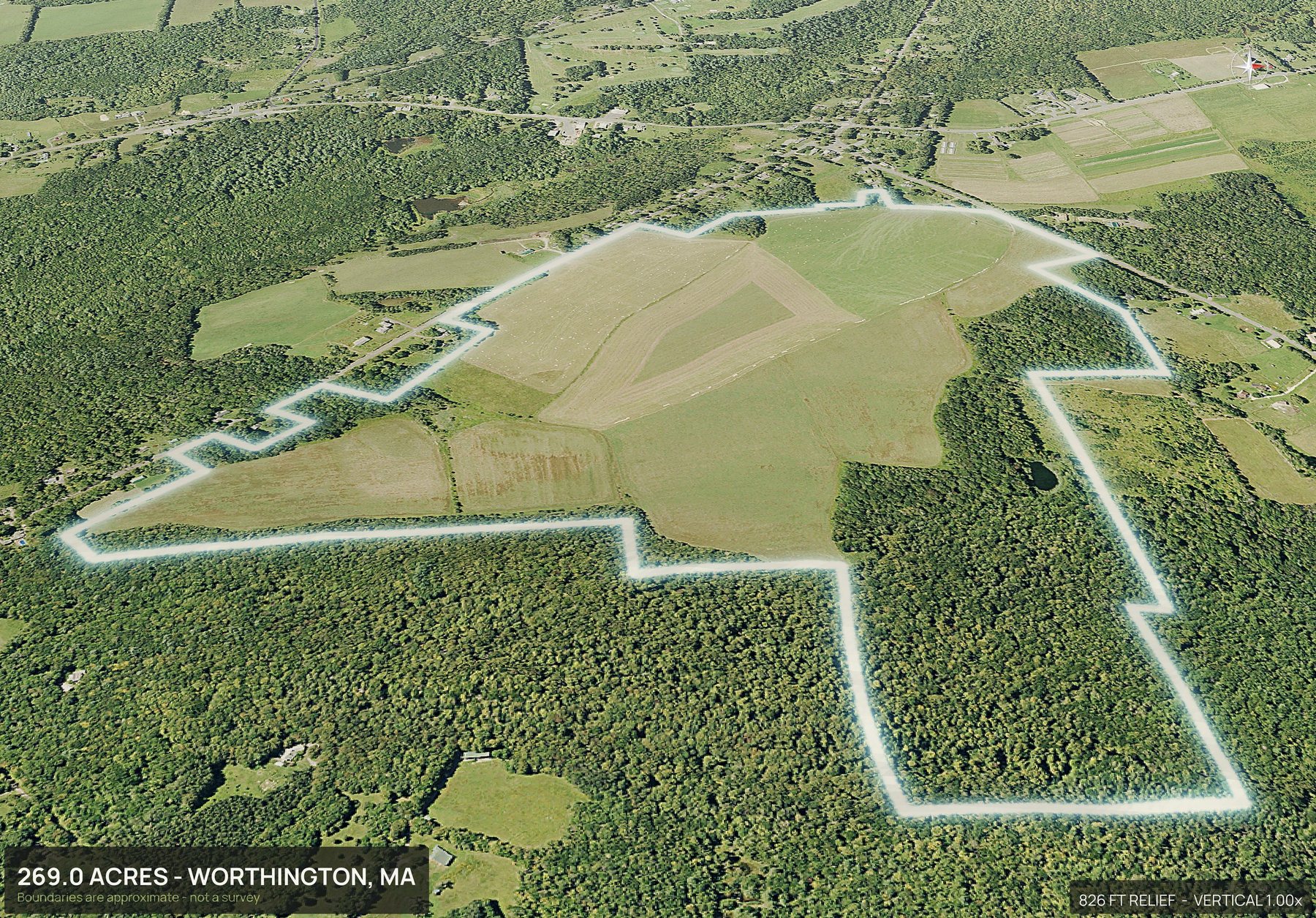 Aerial 3D view of a rural Massachusetts land parcel with the boundary outlined