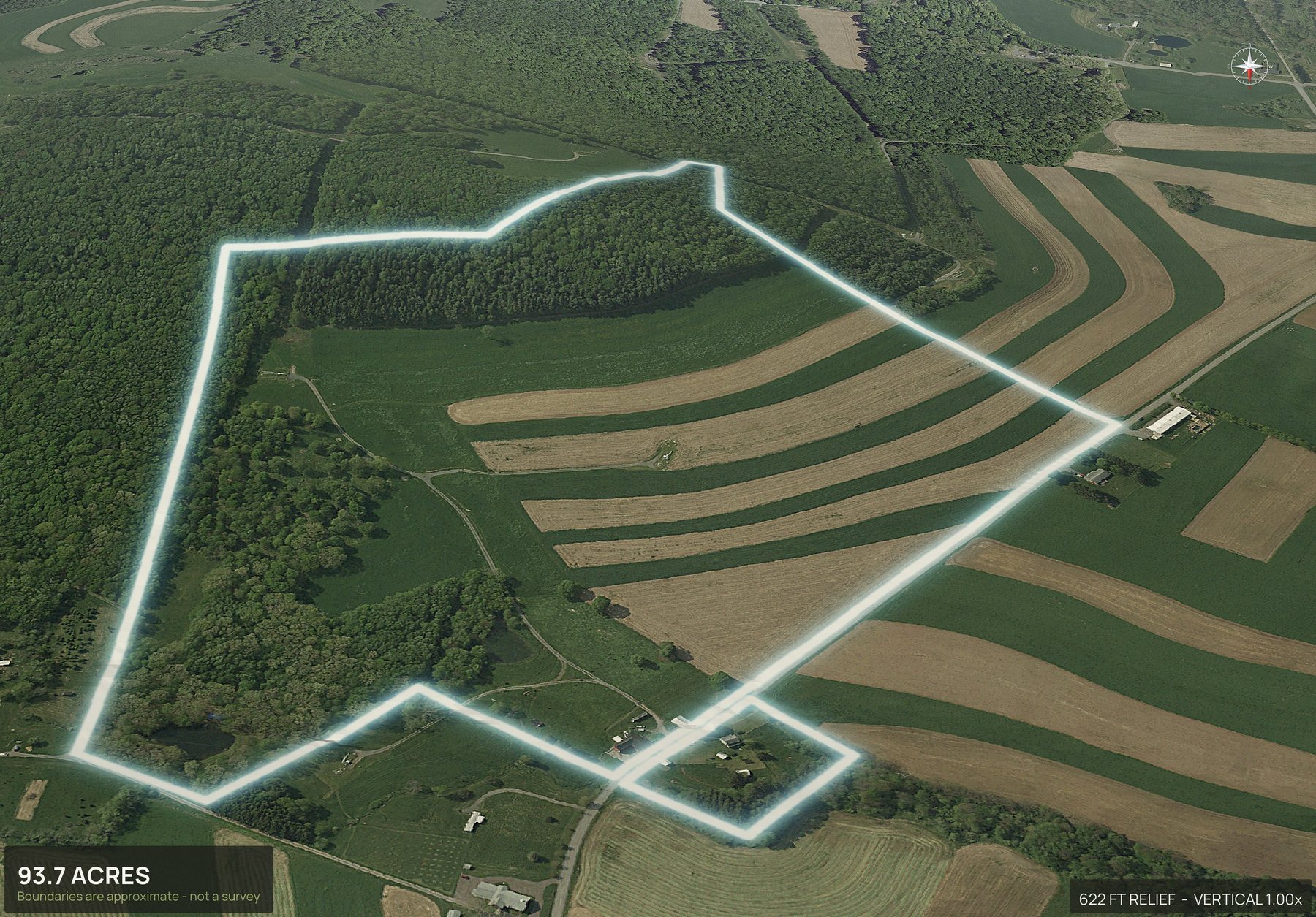 Aerial 3D view of a rural Maryland land parcel with the boundary outlined