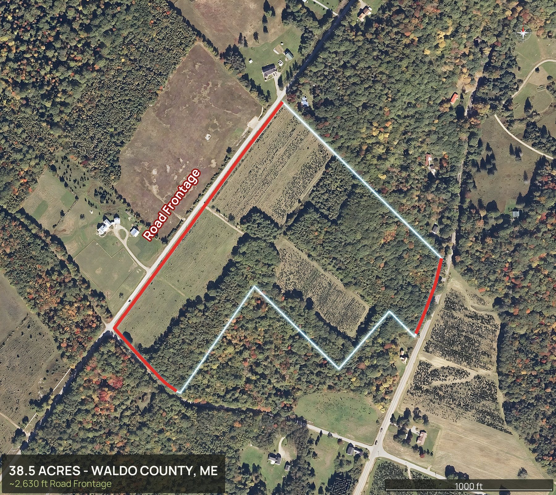 Access view of a Maine land parcel with the road frontage marked