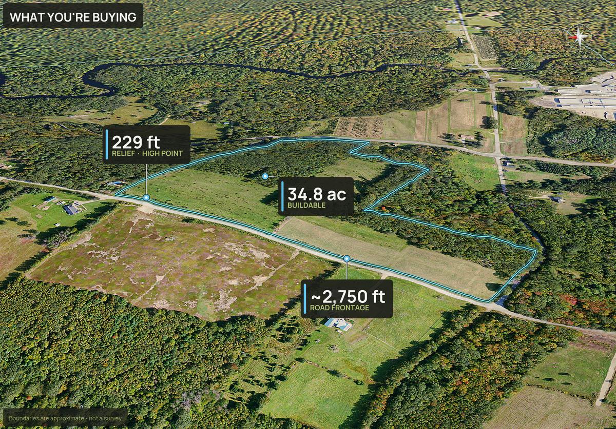 What You're Buying slide with callouts for a Maine land parcel