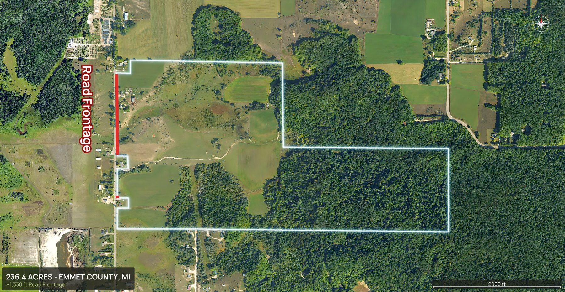 Access view of a Michigan land parcel with the road frontage marked