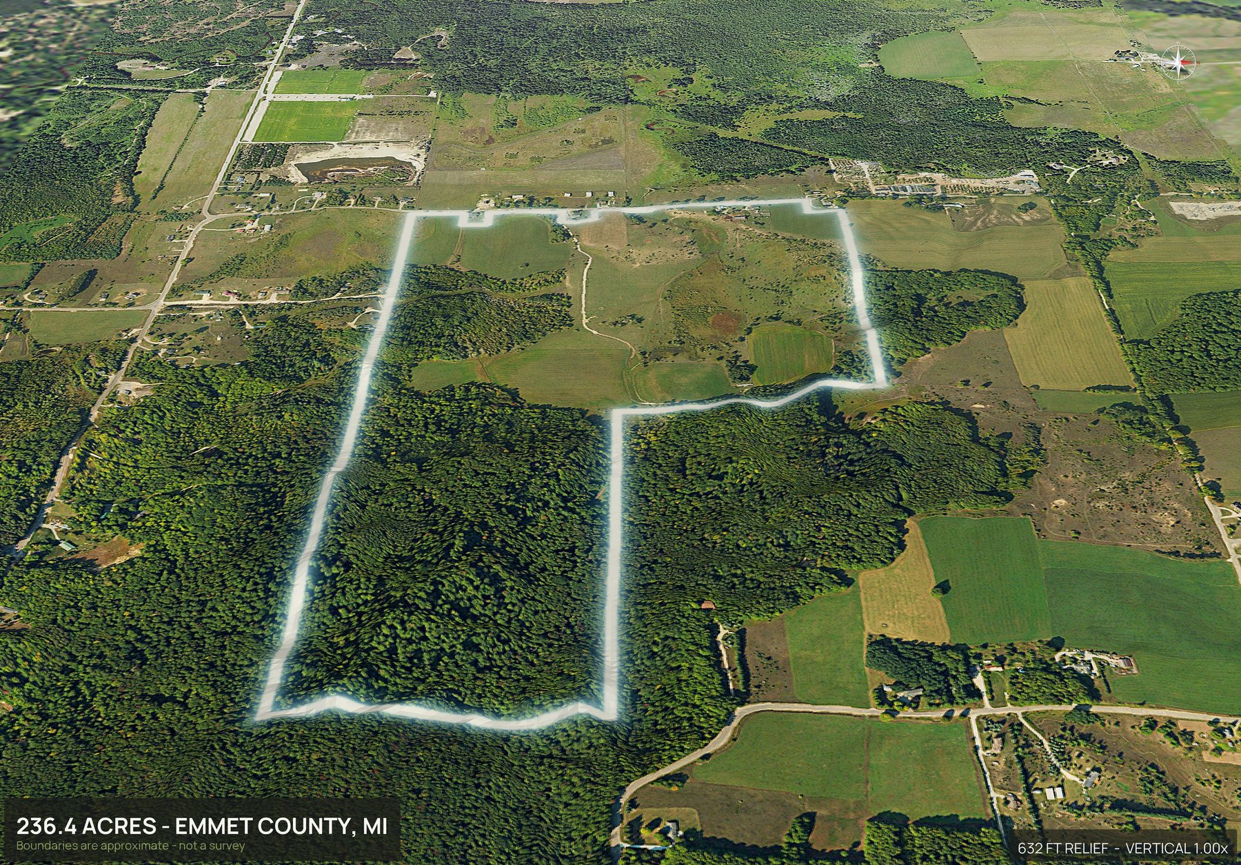 Aerial 3D view of a rural Michigan land parcel with the boundary outlined