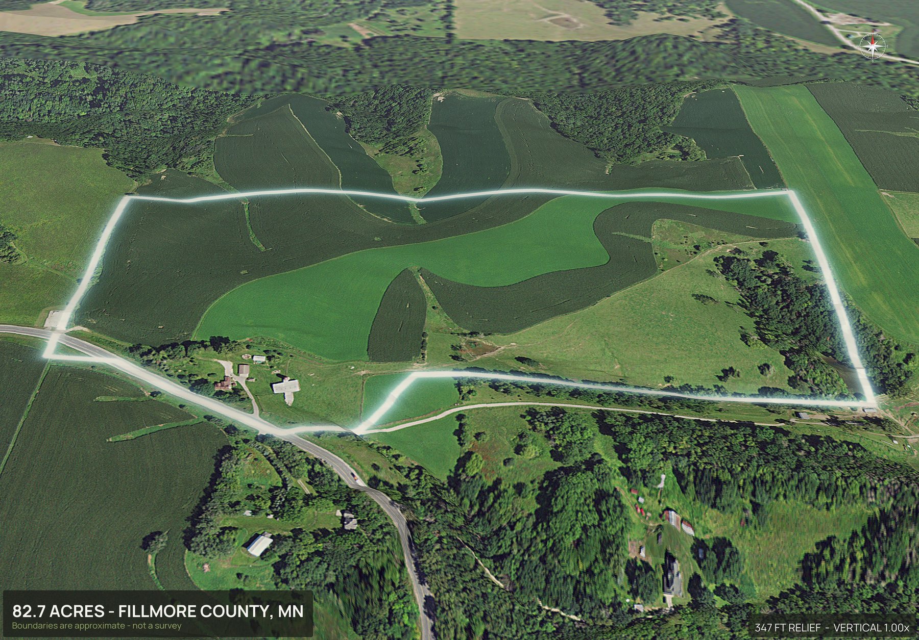 Aerial 3D view of a rural Minnesota land parcel with the boundary outlined