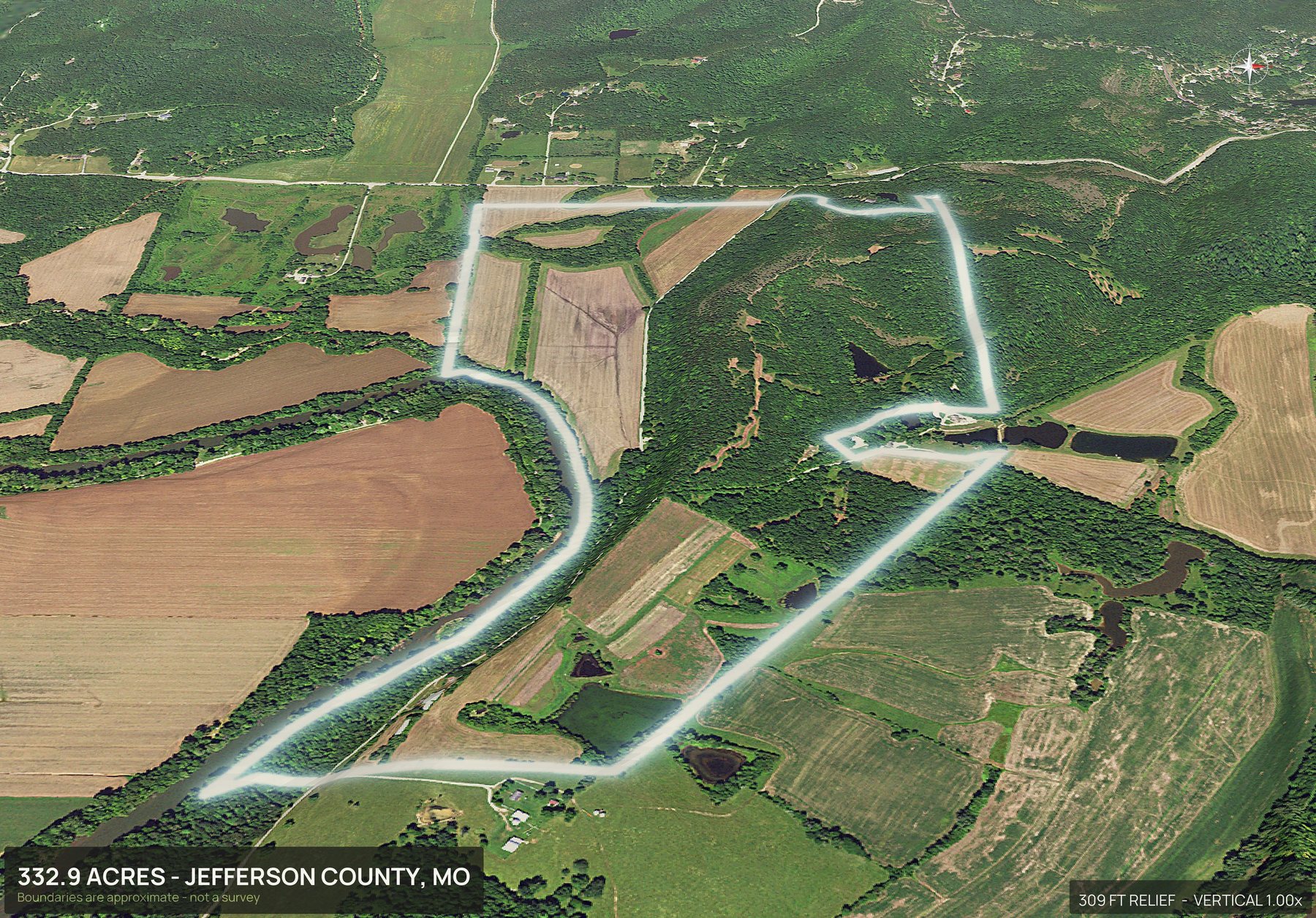 Aerial 3D view of a rural Missouri land parcel with the boundary outlined