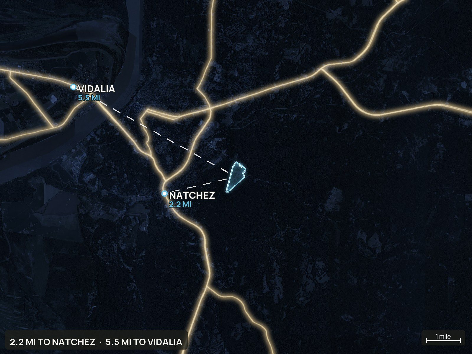 Roads at night of a Mississippi land parcel