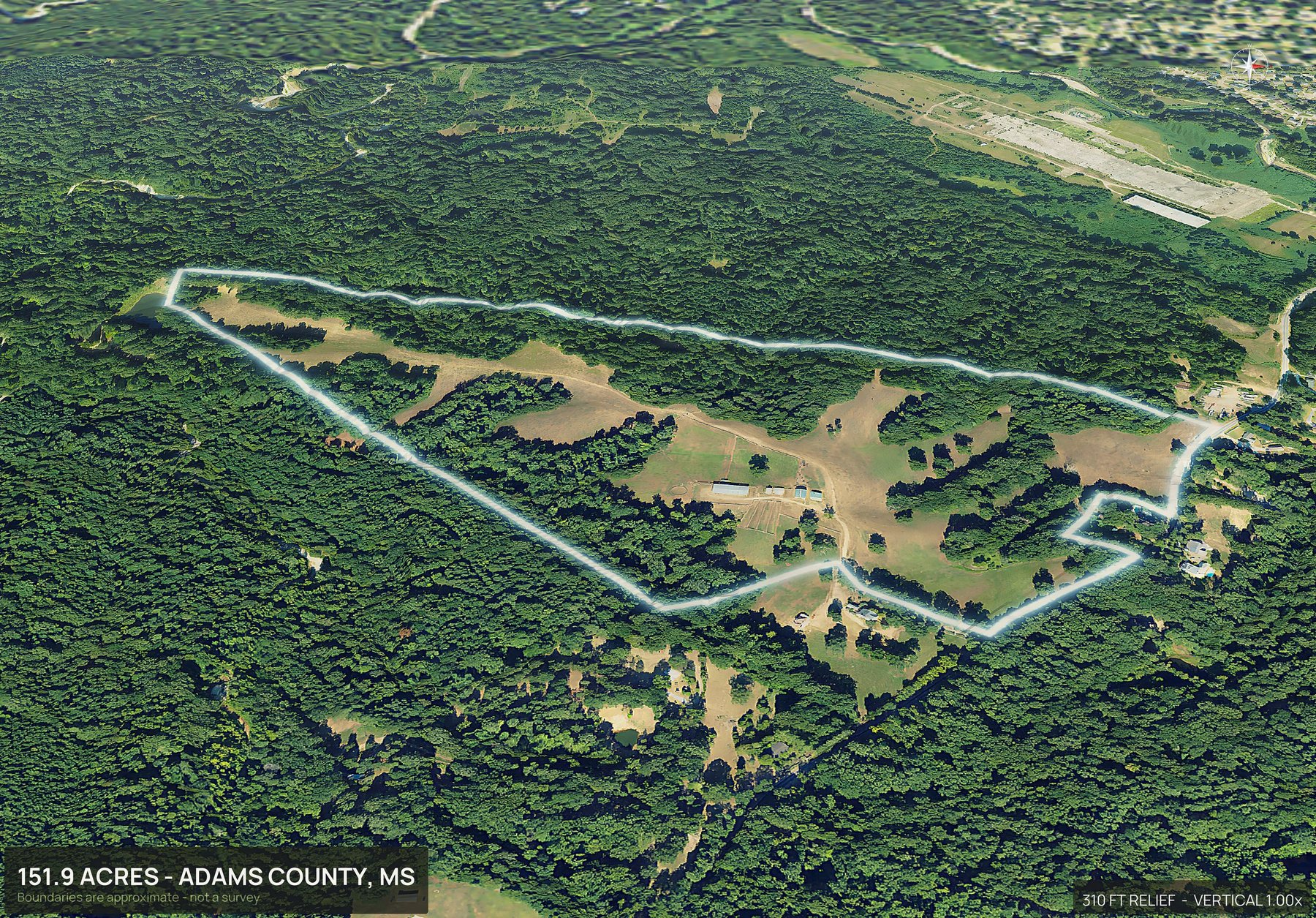 Aerial 3D view of a rural Mississippi land parcel with the boundary outlined