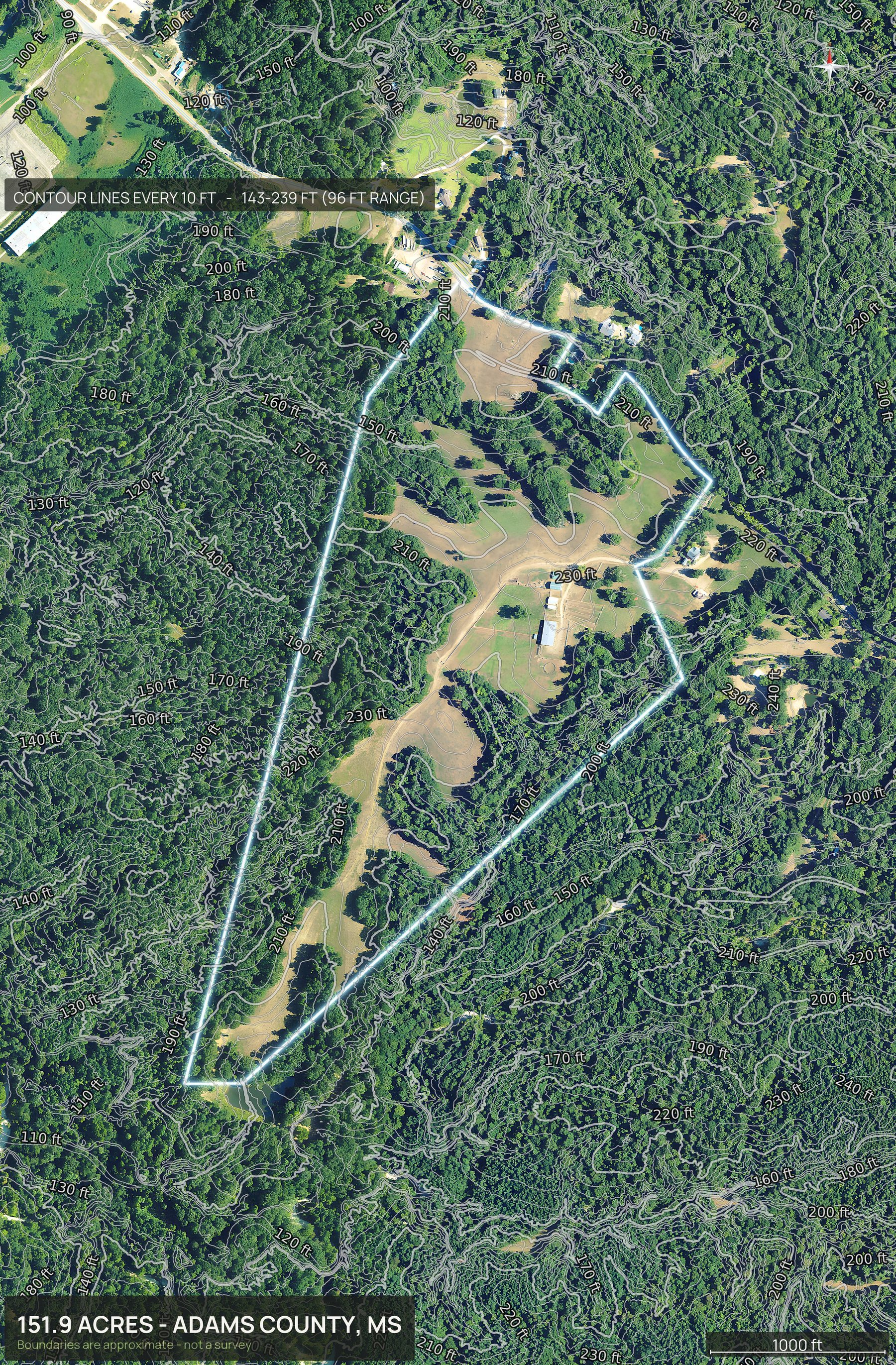 Contour map of a Mississippi land parcel showing elevation relief