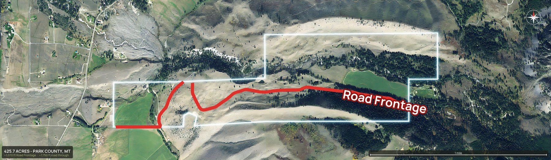Access view of a Montana land parcel with the road frontage marked