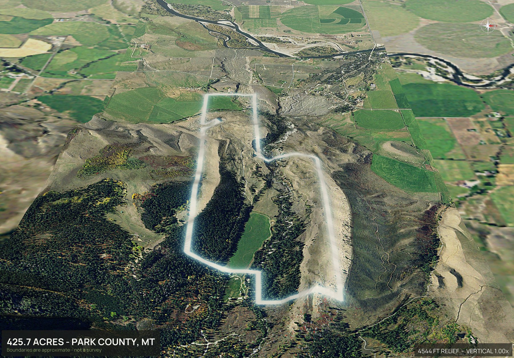 Aerial 3D view of a rural Montana land parcel with the boundary outlined