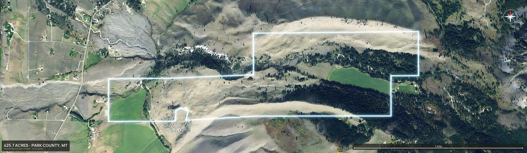 Outlined top down aerial photo of a Montana land parcel with the boundary drawn in green