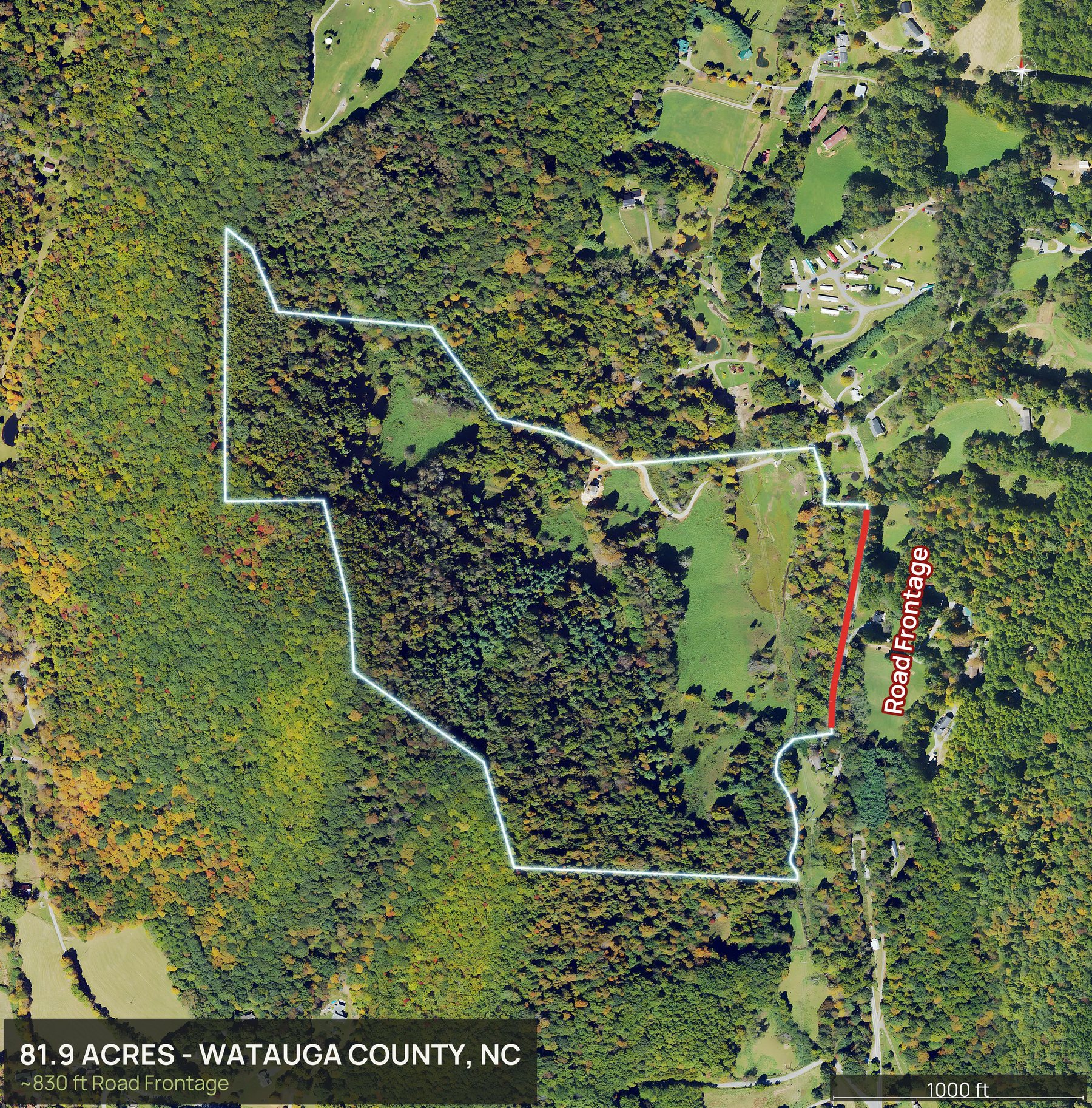 Access view of a North Carolina land parcel with the road frontage marked