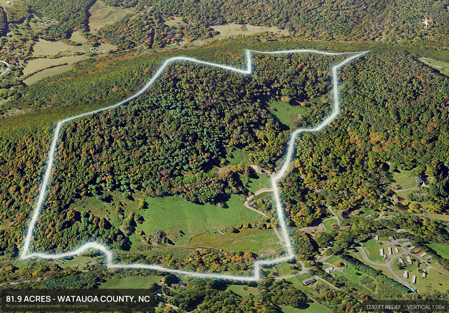 Aerial 3D view of a rural North Carolina land parcel with the boundary outlined