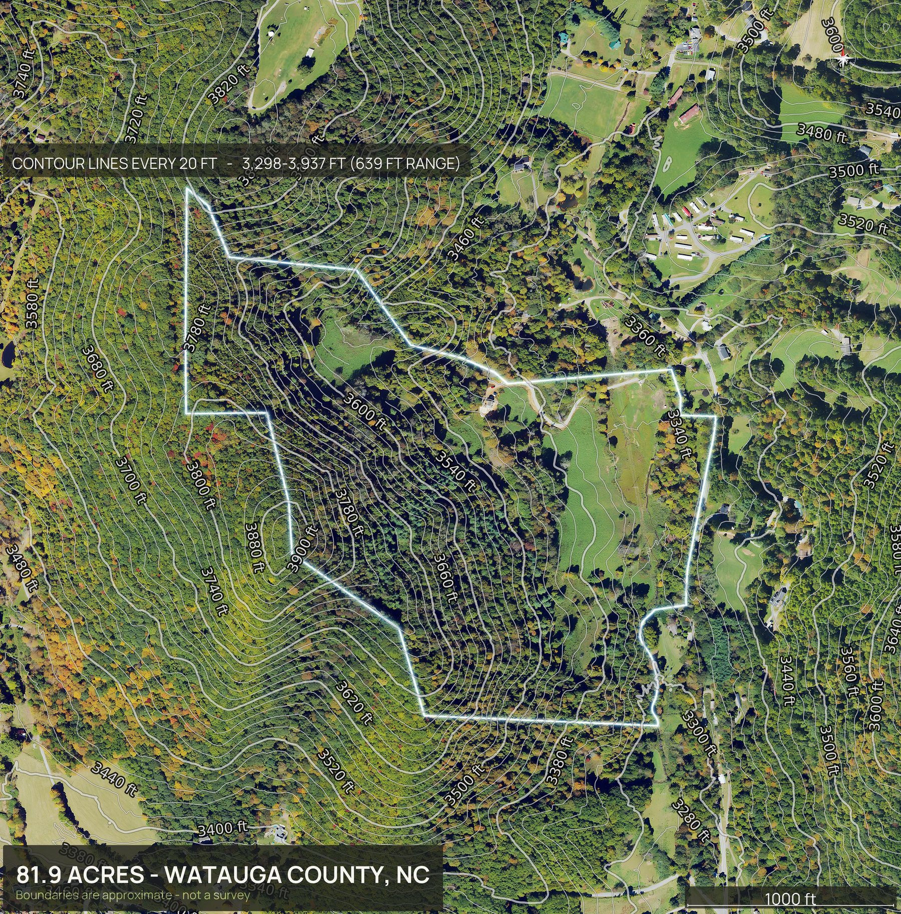 Contour map of a North Carolina land parcel showing elevation relief