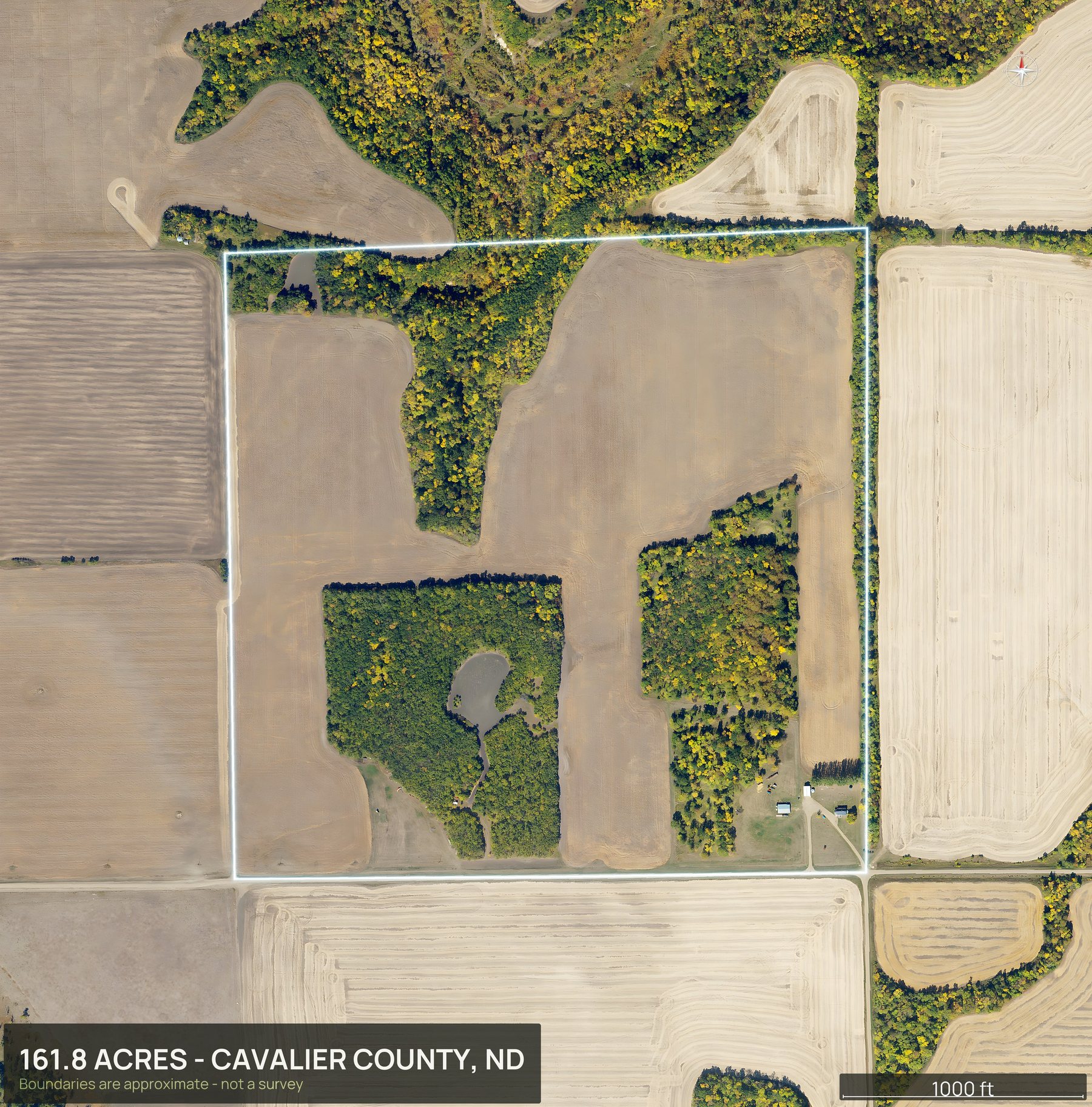Outlined top down aerial photo of a North Dakota land parcel with the boundary drawn in green