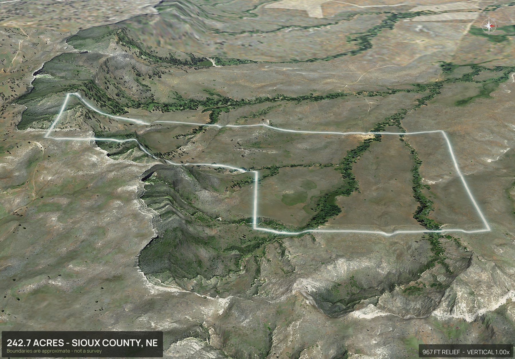 Aerial 3D view of a rural Nebraska land parcel with the boundary outlined