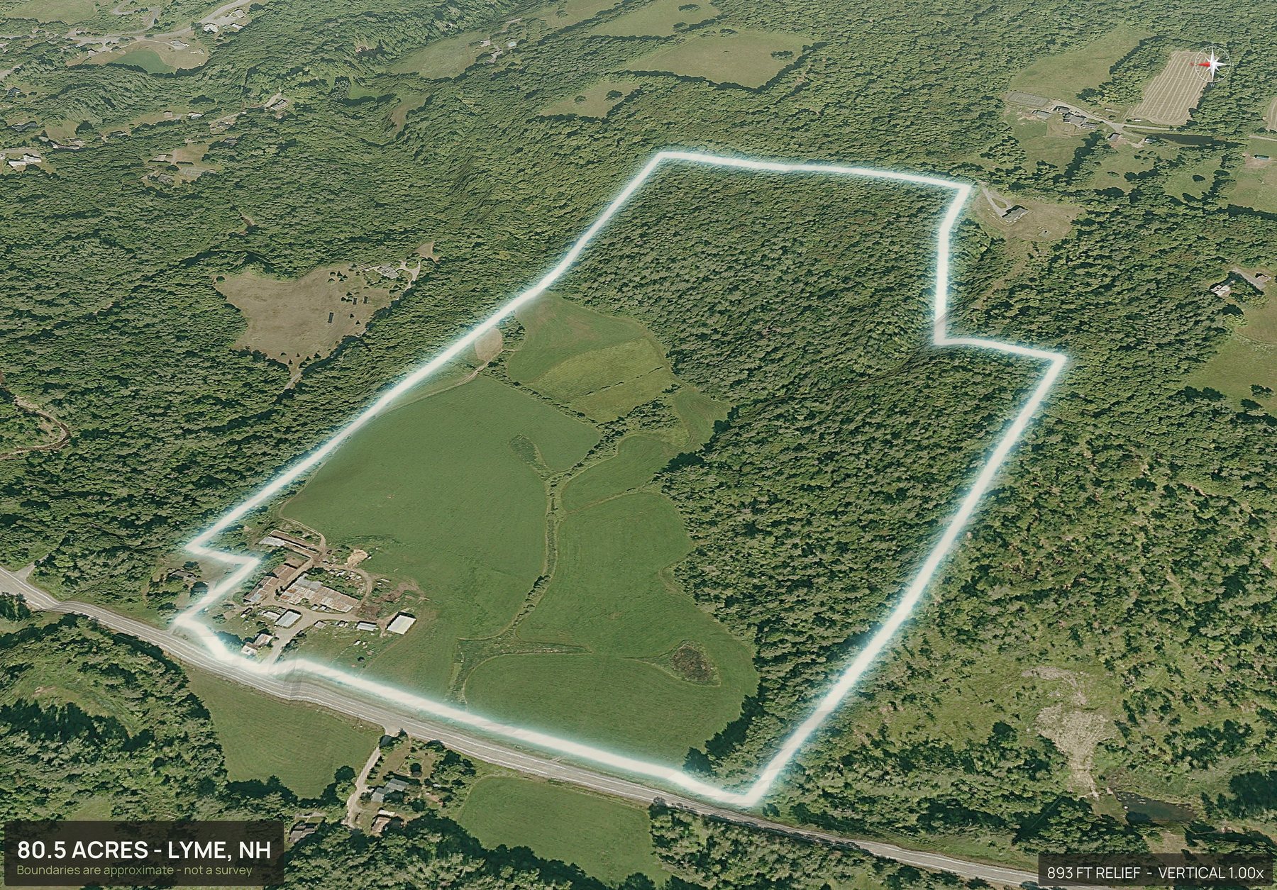 Aerial 3D view of a rural New Hampshire land parcel with the boundary outlined