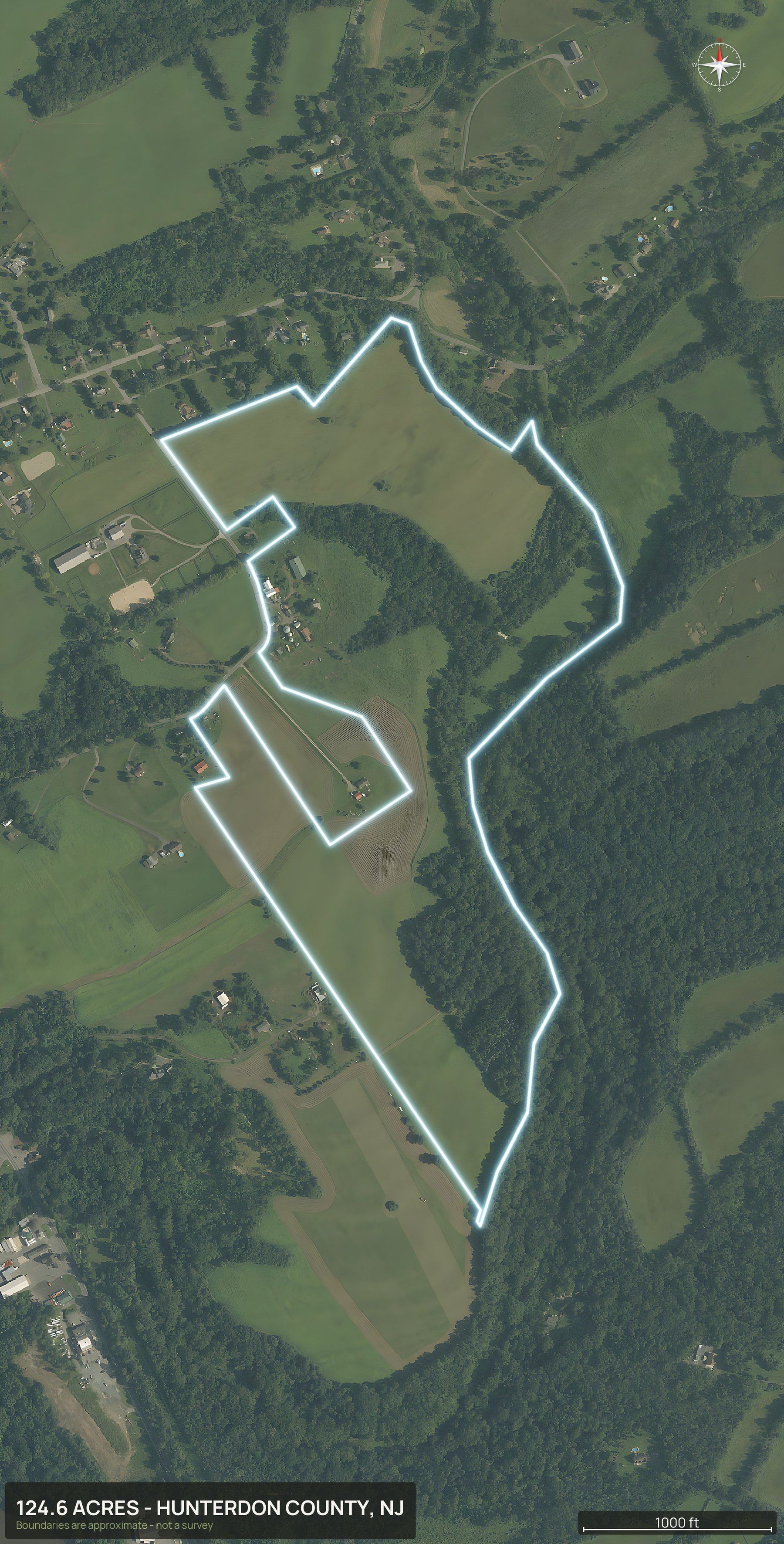 Outlined top down aerial photo of a New Jersey land parcel with the boundary drawn in green