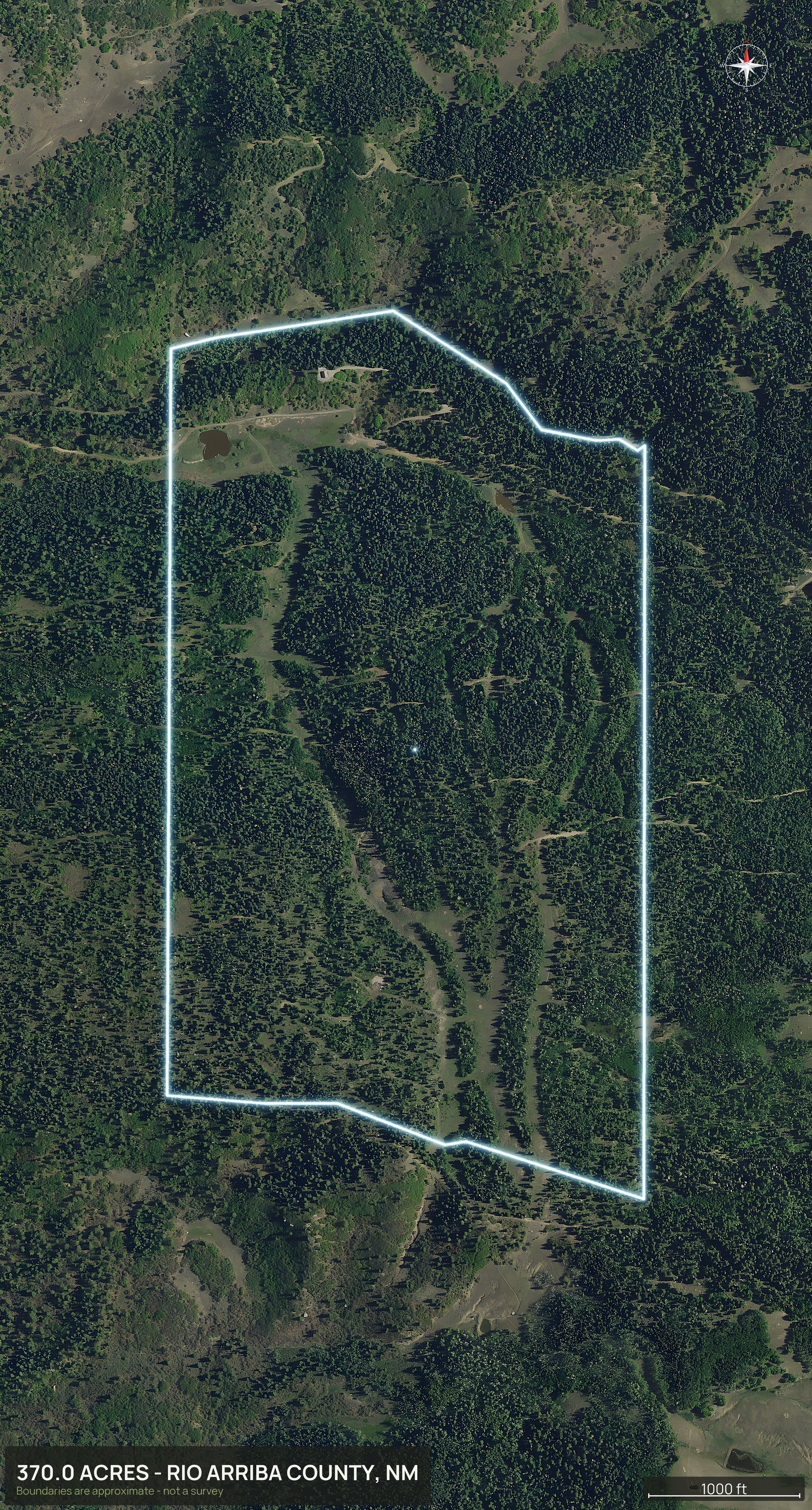 Outlined top down aerial photo of a New Mexico land parcel with the boundary drawn in green